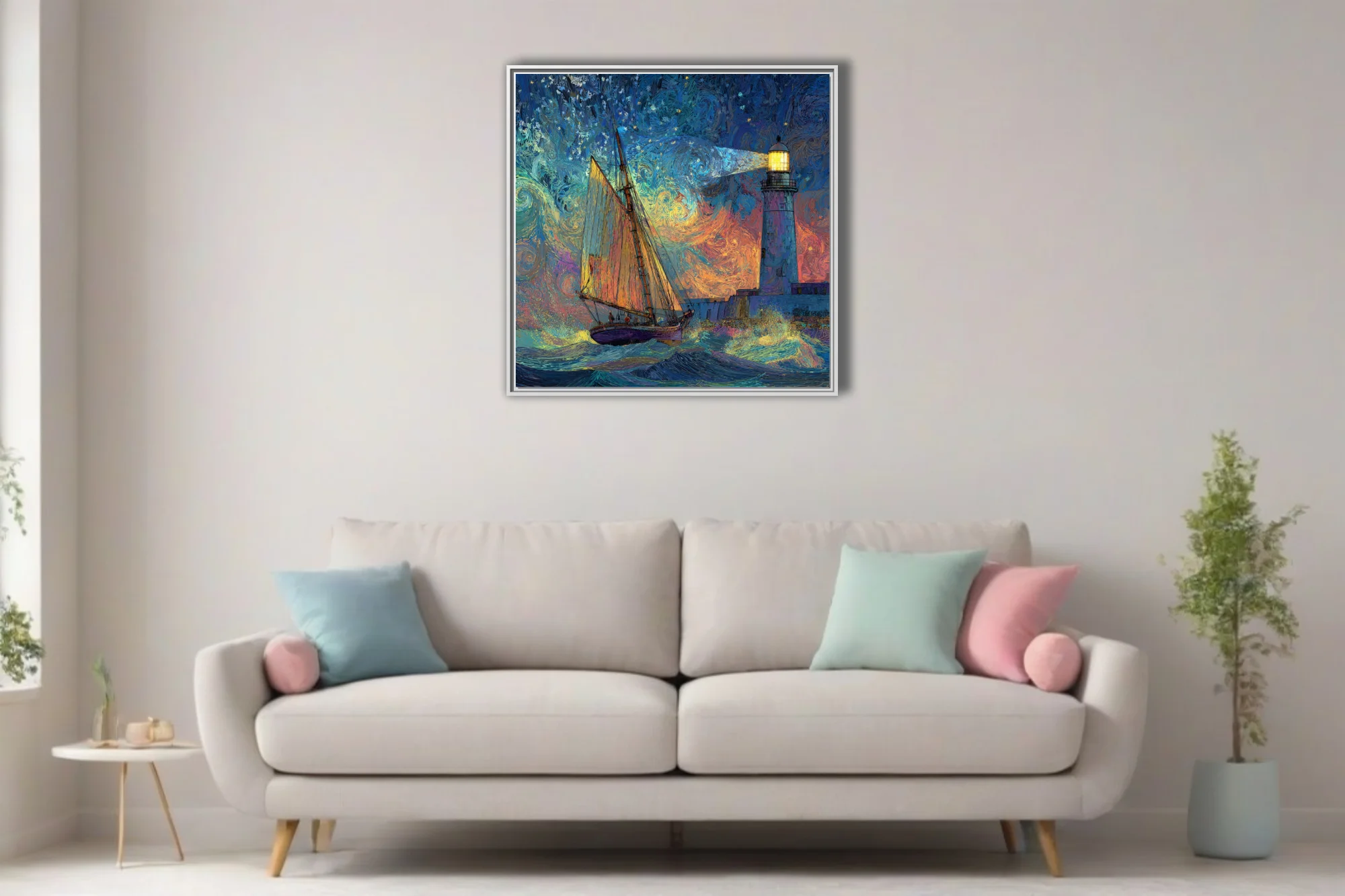 Swirling painterly sailing ship and lighthouse seascape in swirling cobalt and amber starry night style