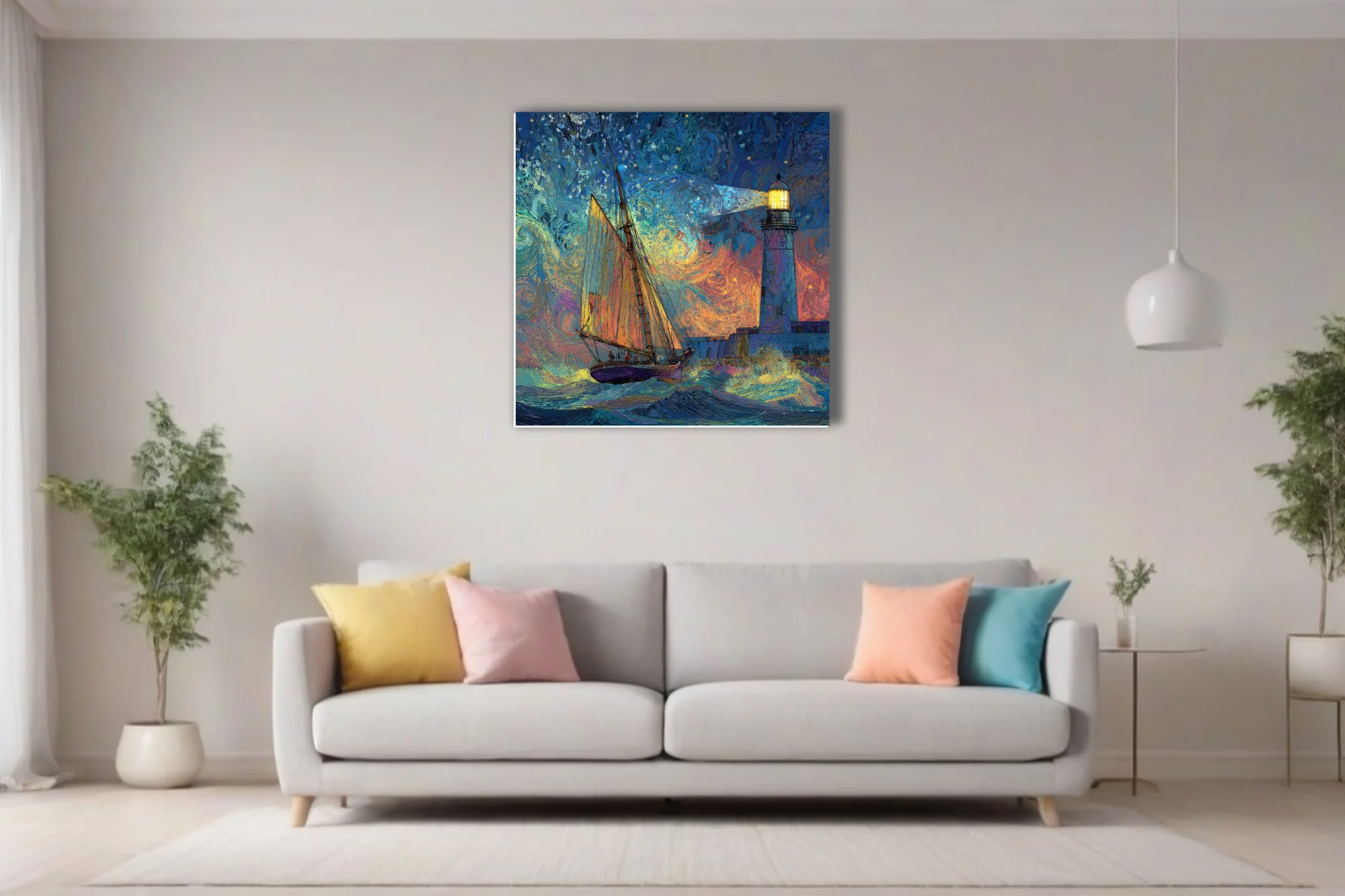 Swirling painterly sailing ship and lighthouse seascape in swirling cobalt and amber starry night style