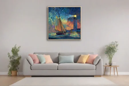 Swirling painterly sailing ship and lighthouse seascape in swirling cobalt and amber starry night style