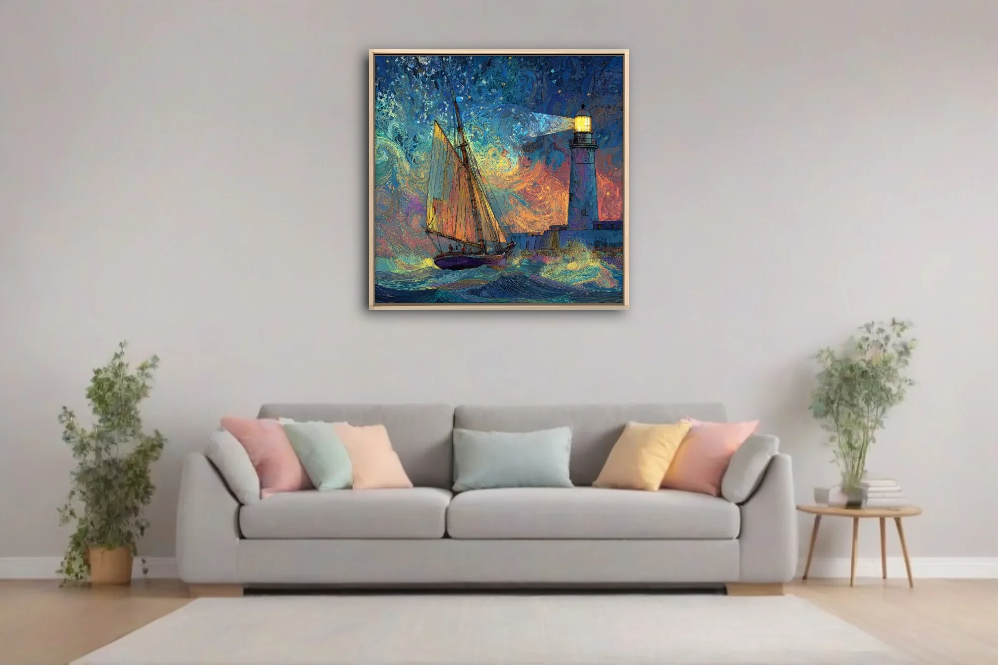 Swirling painterly sailing ship and lighthouse seascape in swirling cobalt and amber starry night style