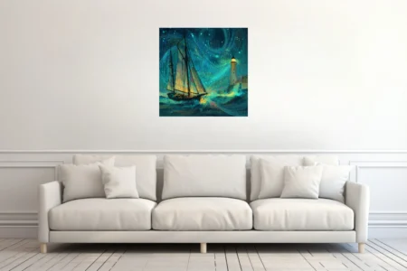 Swirling painterly nautical scene with sailing ship, lighthouse, and starry night in cobalt and gold