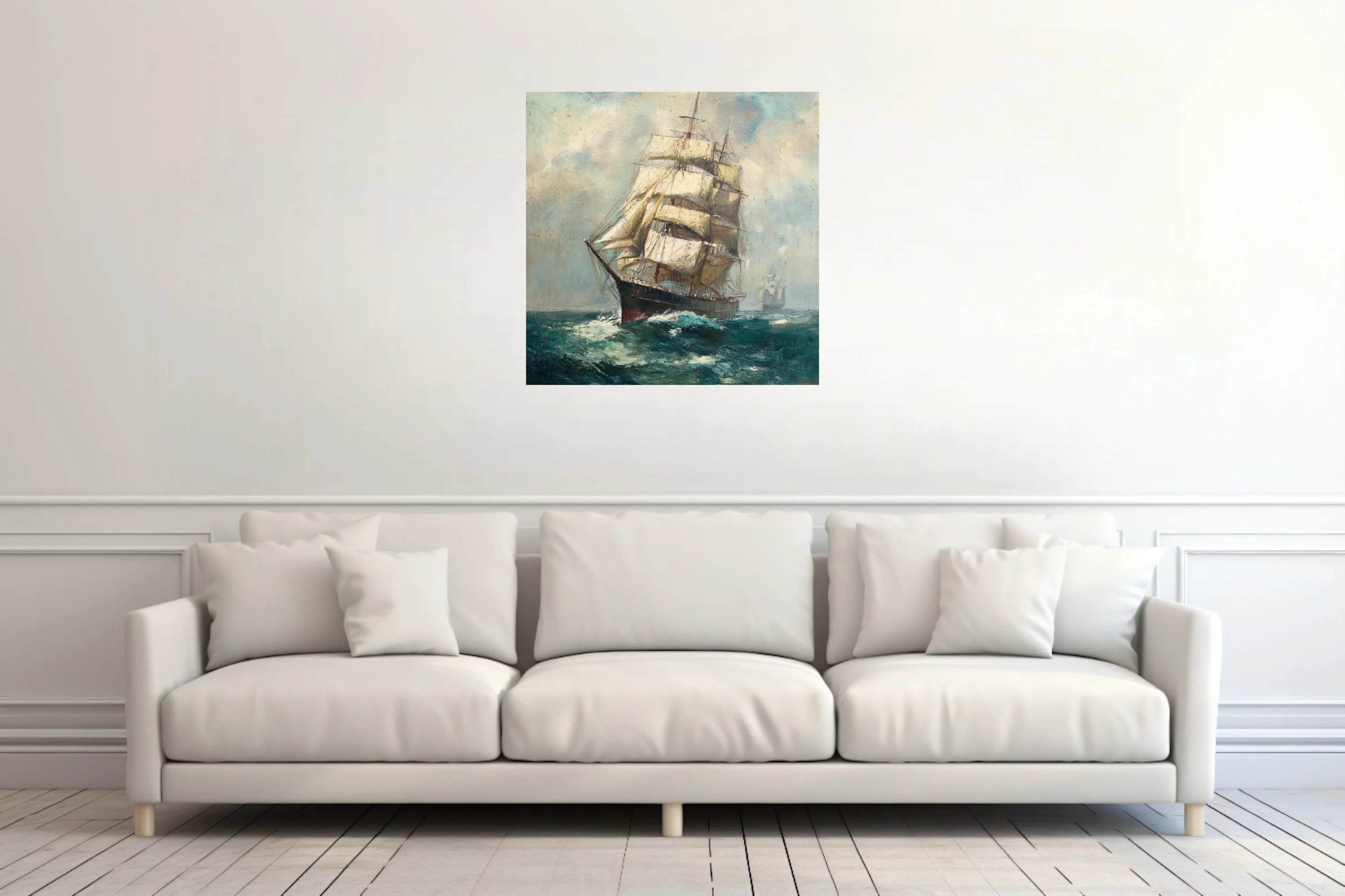 Tall ship under full sail on teal seas, vintage maritime seascape with cloudy sky