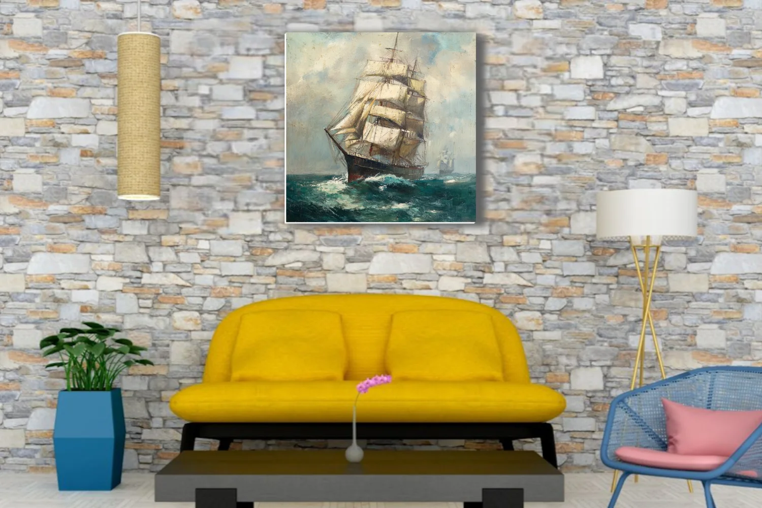 Tall ship under full sail on teal seas, vintage maritime seascape with cloudy sky