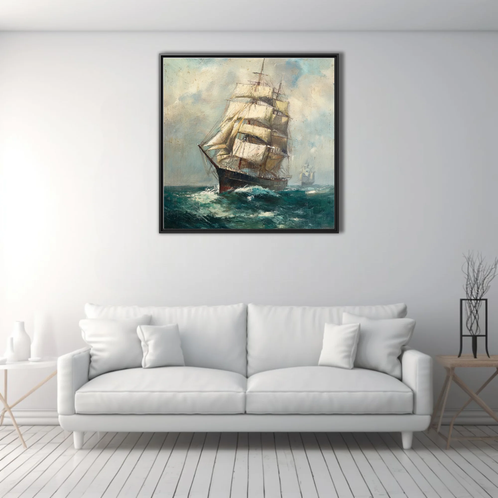 Tall ship under full sail on teal seas, vintage maritime seascape with cloudy sky