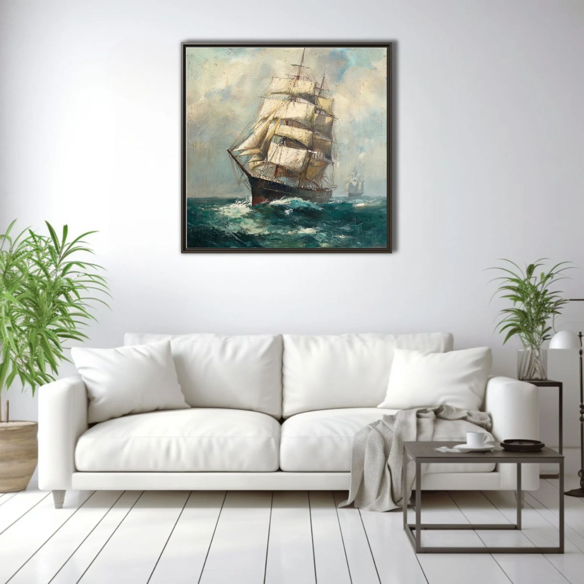 Tall ship under full sail on teal seas, vintage maritime seascape with cloudy sky