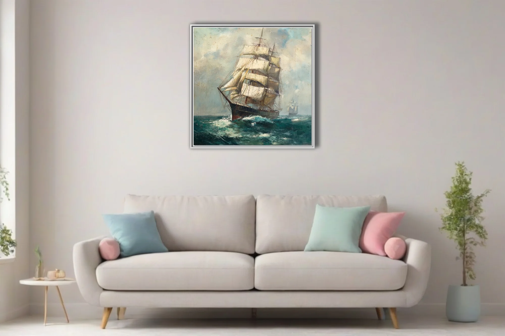 Tall ship under full sail on teal seas, vintage maritime seascape with cloudy sky