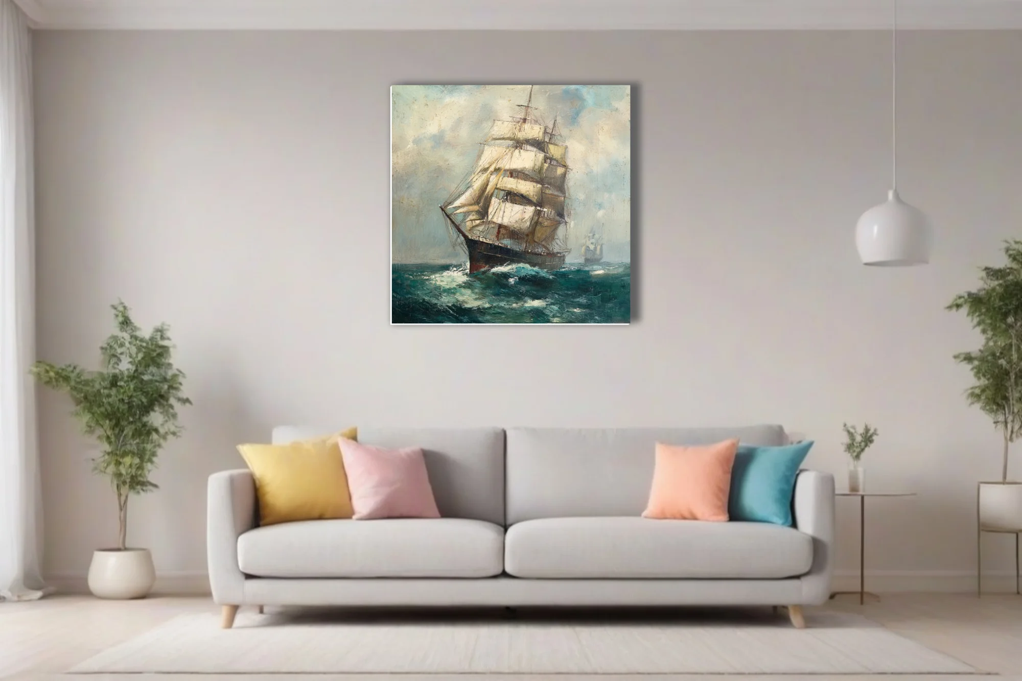 Tall ship under full sail on teal seas, vintage maritime seascape with cloudy sky