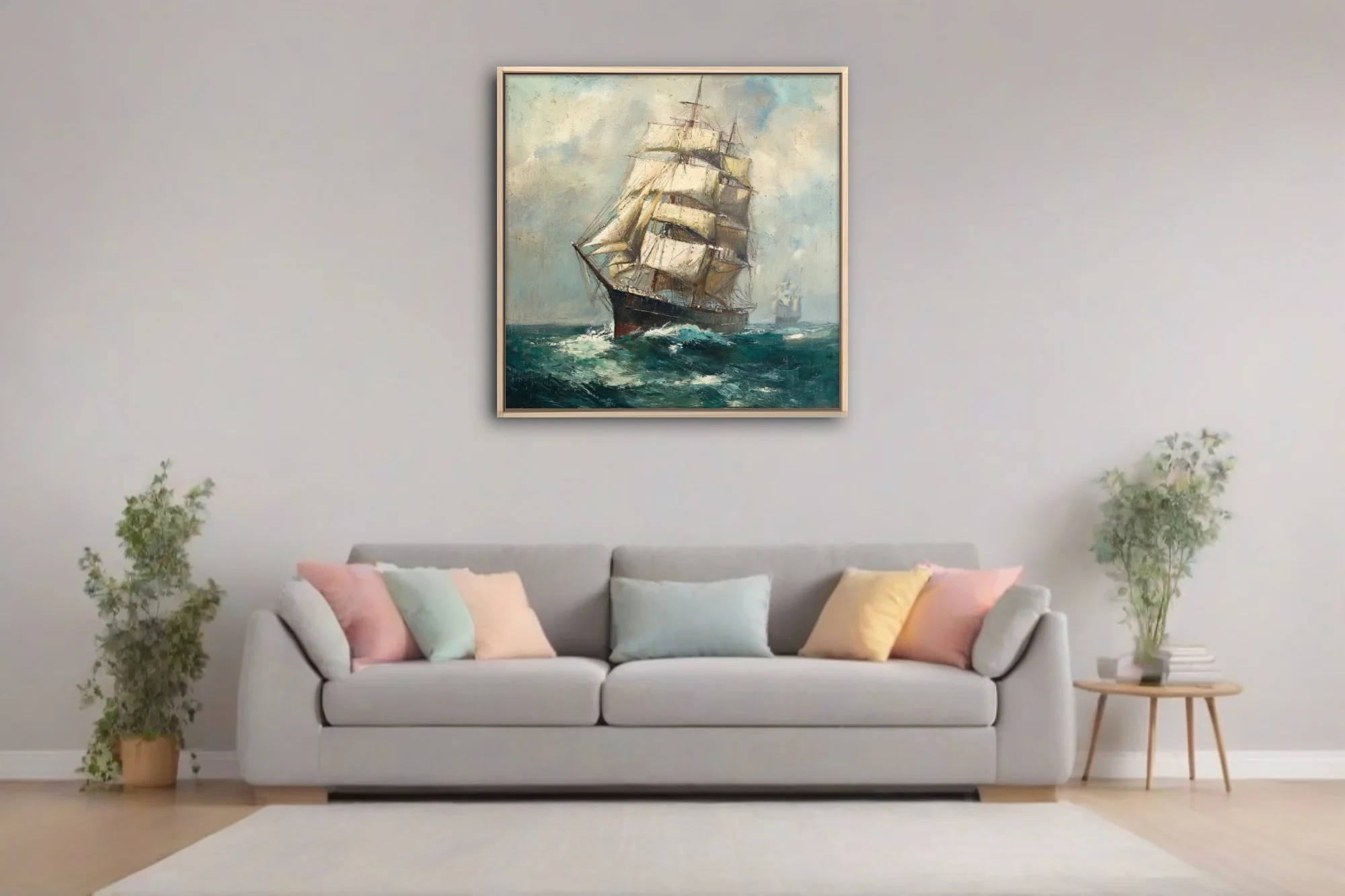 Tall ship under full sail on teal seas, vintage maritime seascape with cloudy sky