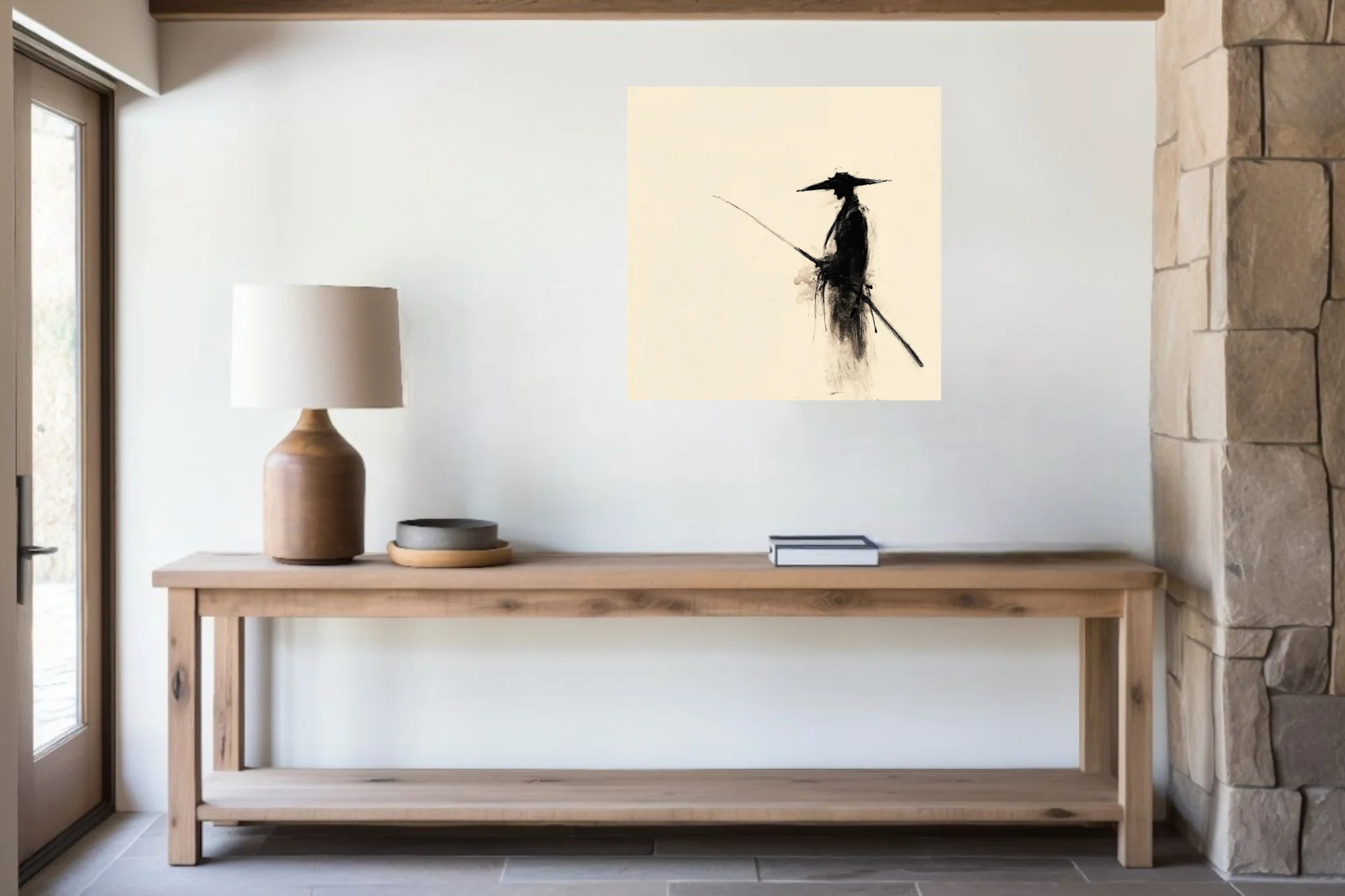 Minimalist ink-style samurai figure with hat and sword, black on ivory