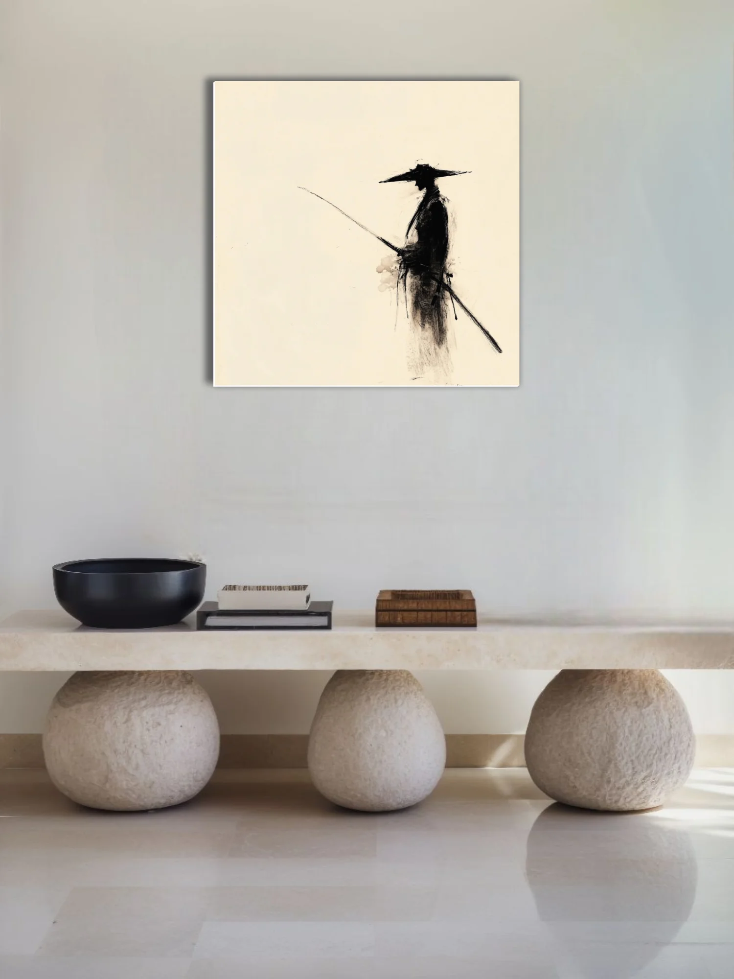 Minimalist ink-style samurai figure with hat and sword, black on ivory