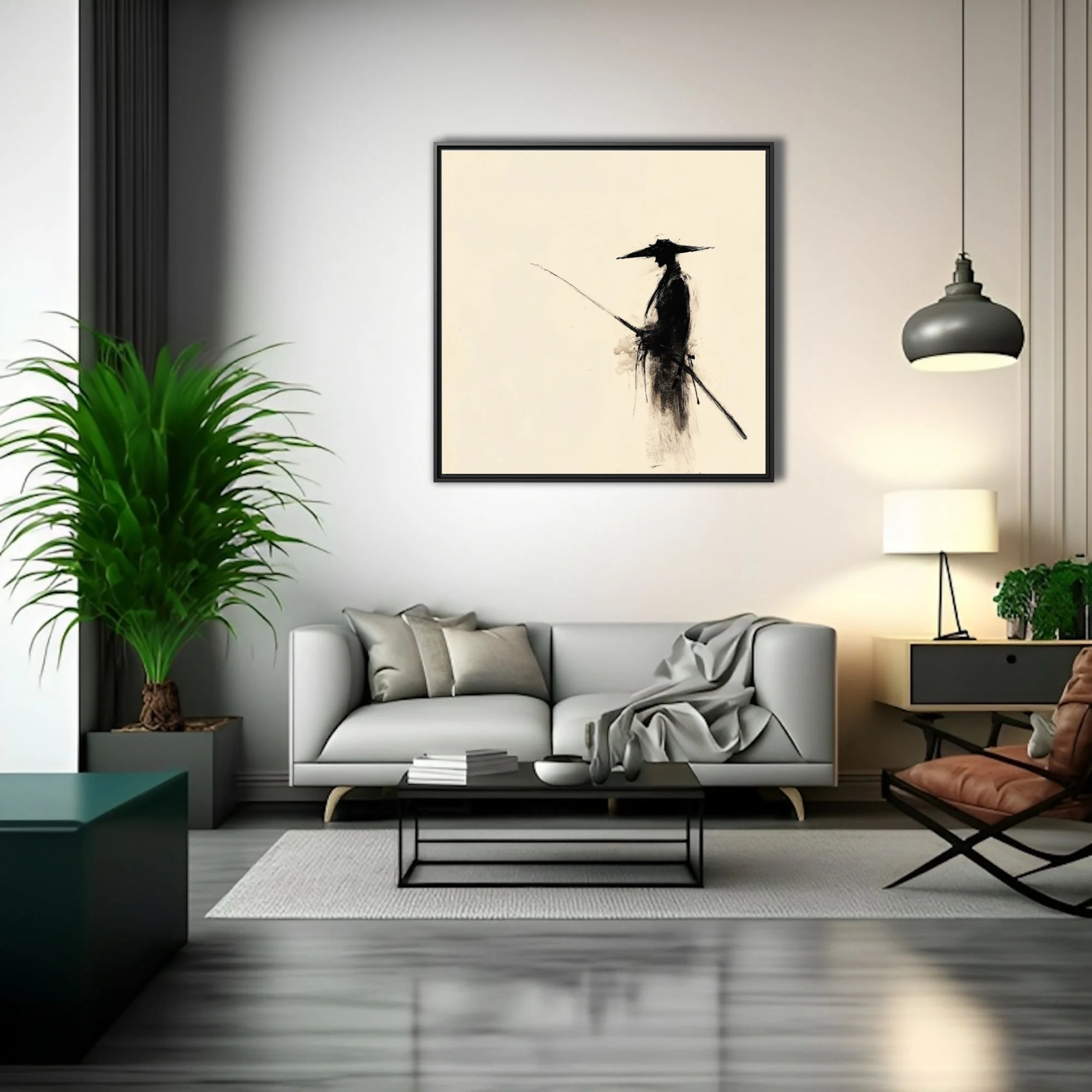 Minimalist ink-style samurai figure with hat and sword, black on ivory