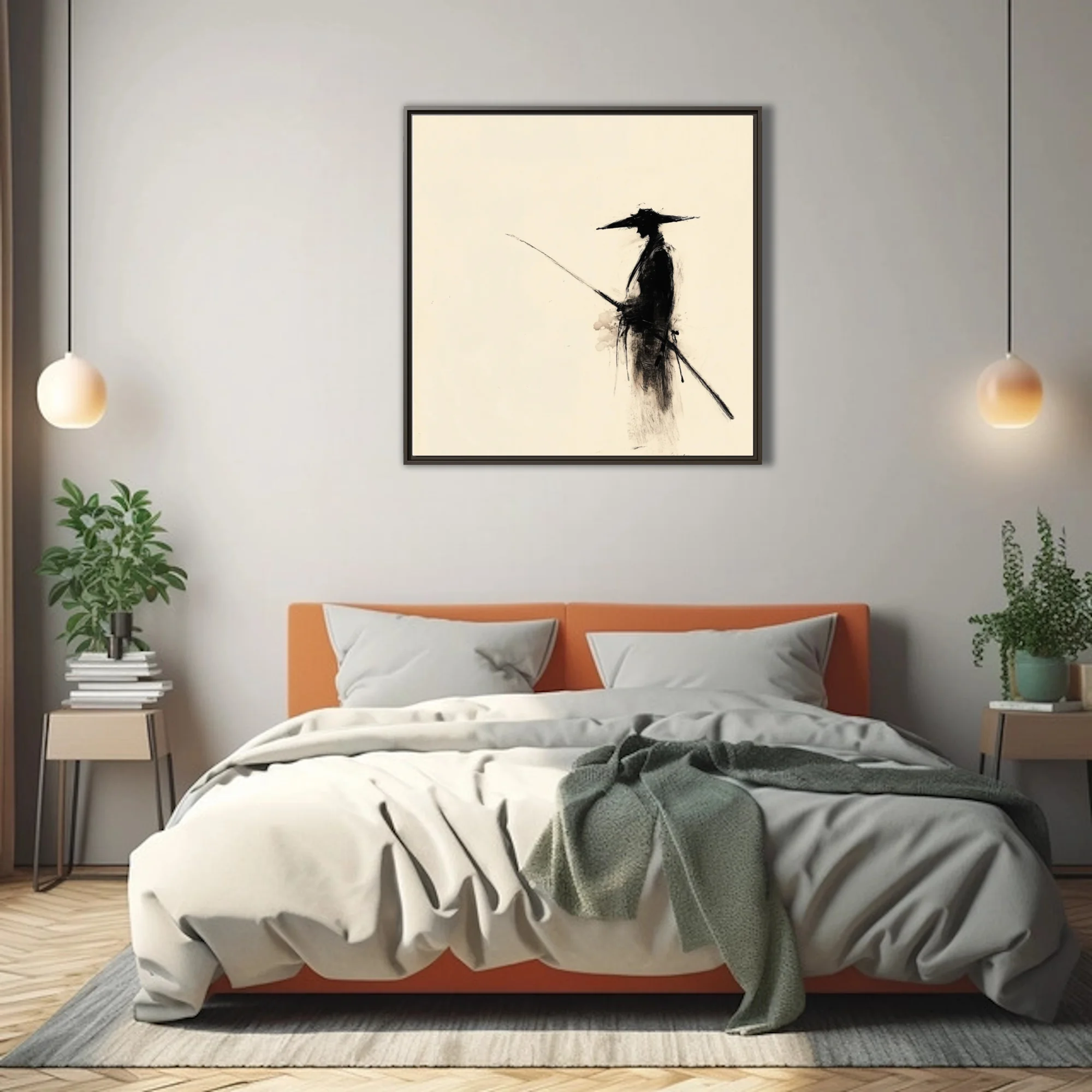Minimalist ink-style samurai figure with hat and sword, black on ivory