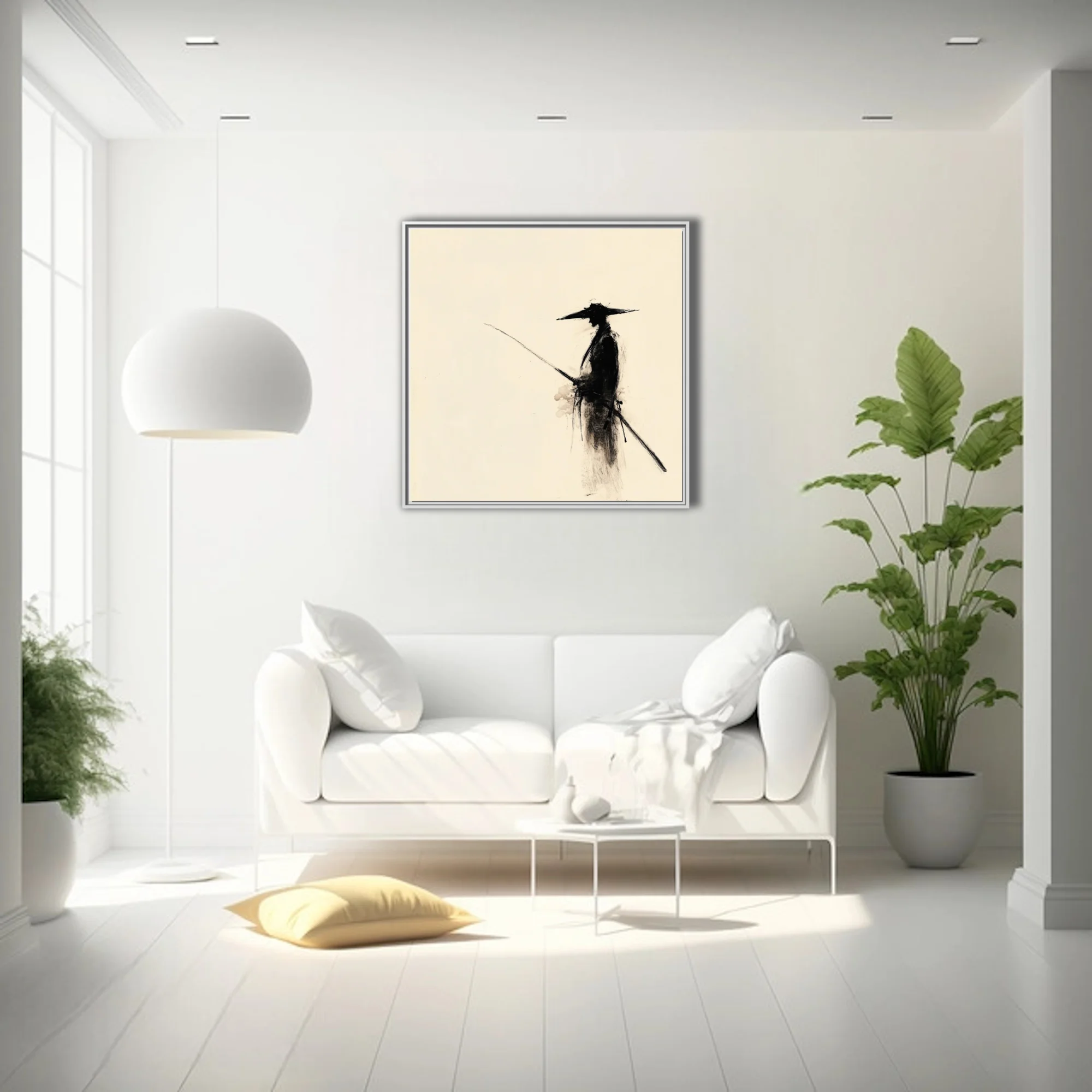 Minimalist ink-style samurai figure with hat and sword, black on ivory