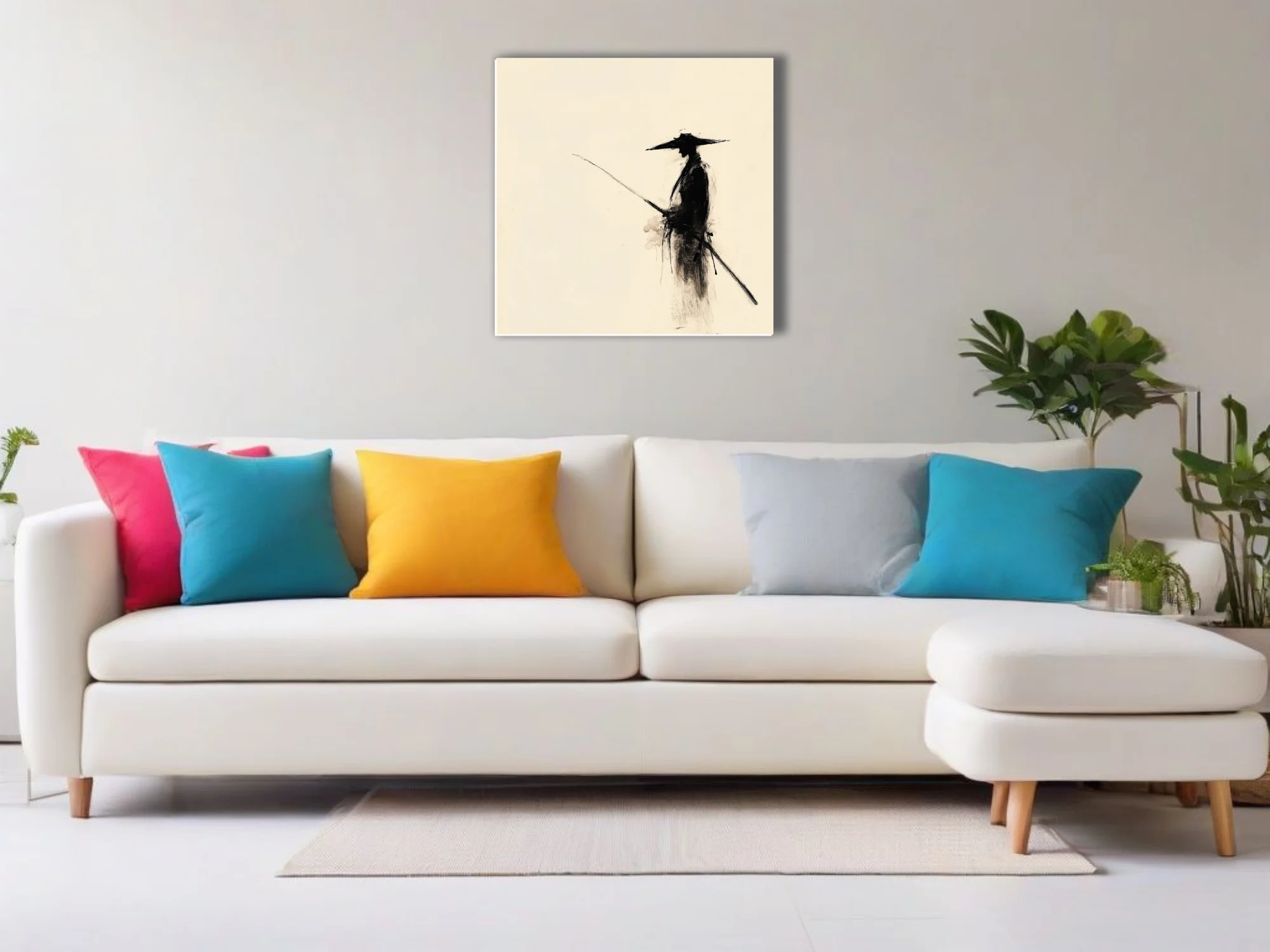 Minimalist ink-style samurai figure with hat and sword, black on ivory