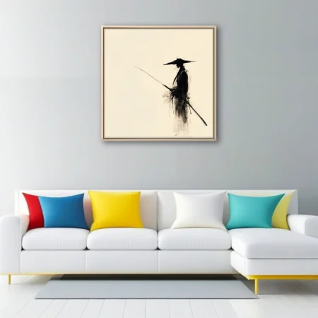 Minimalist ink-style samurai figure with hat and sword, black on ivory