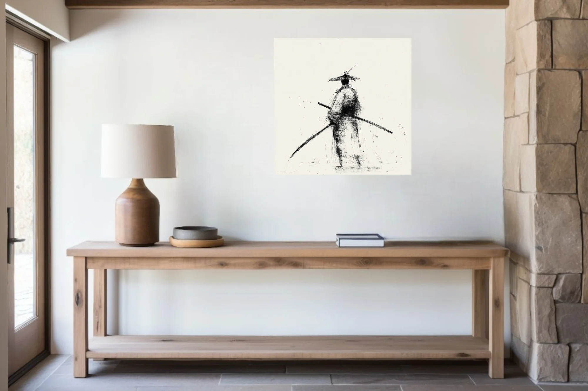 Minimalist ink-style samurai figure with katana, black scratchy strokes on ivory ground
