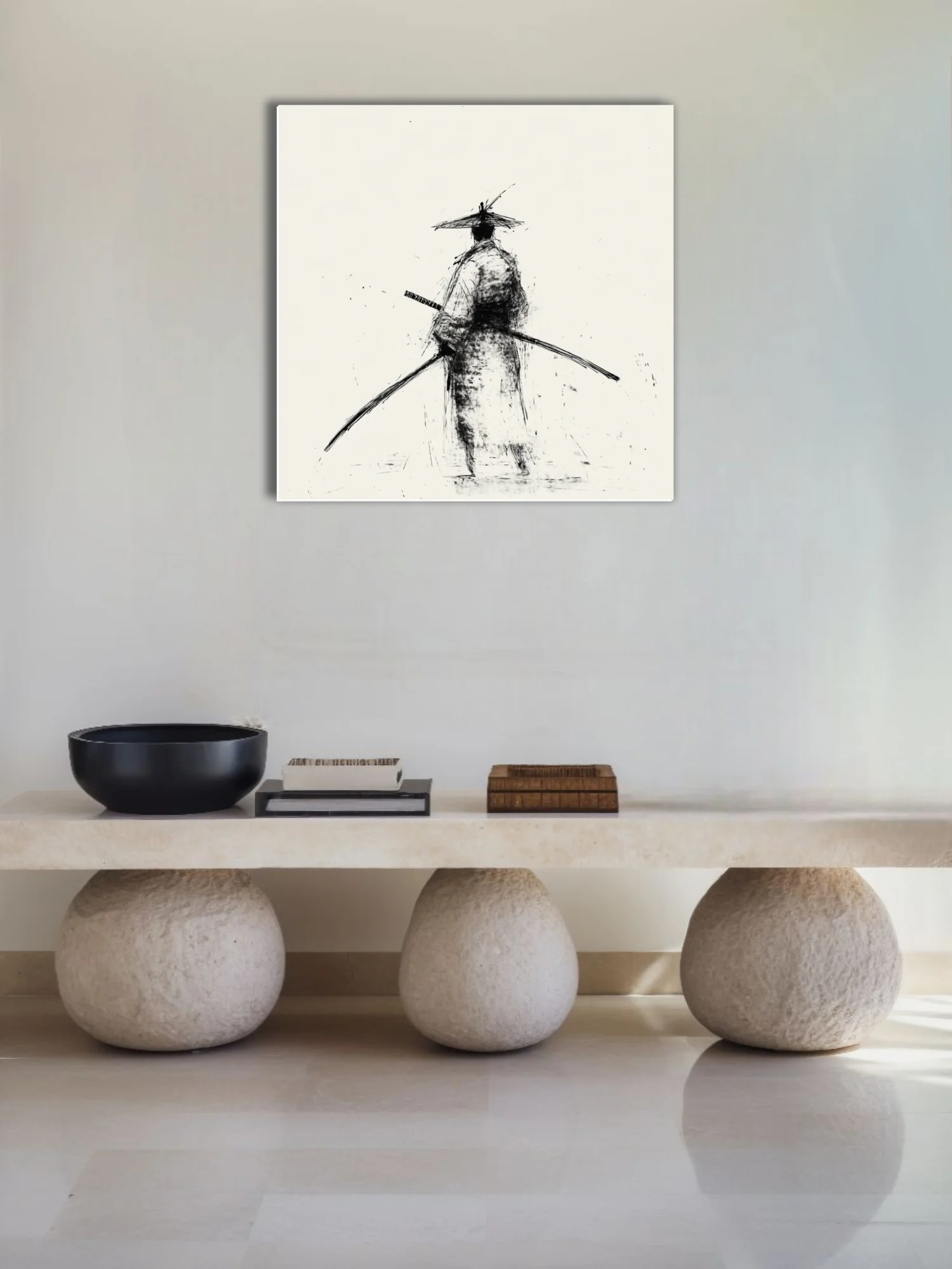 Minimalist ink-style samurai figure with katana, black scratchy strokes on ivory ground