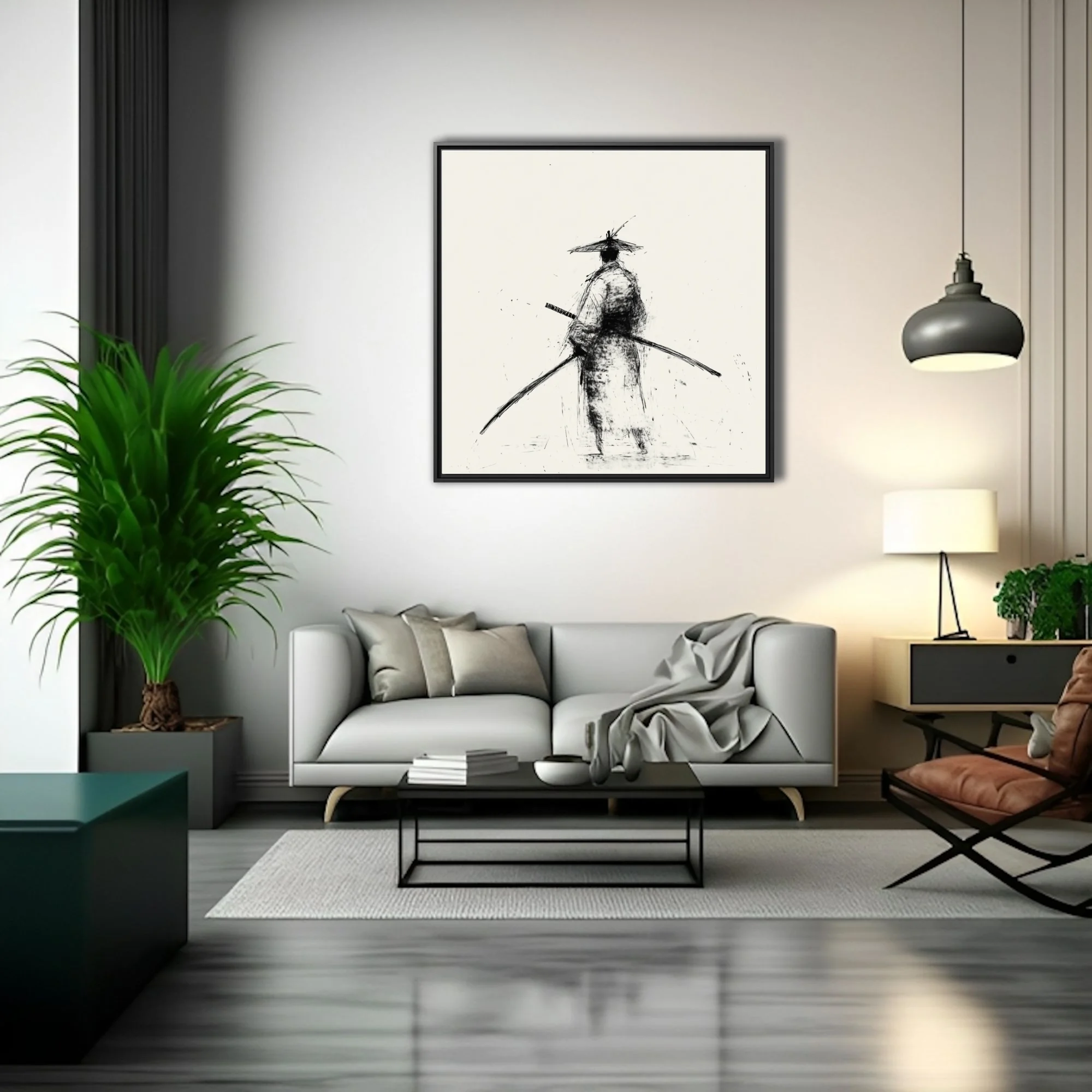 Minimalist ink-style samurai figure with katana, black scratchy strokes on ivory ground