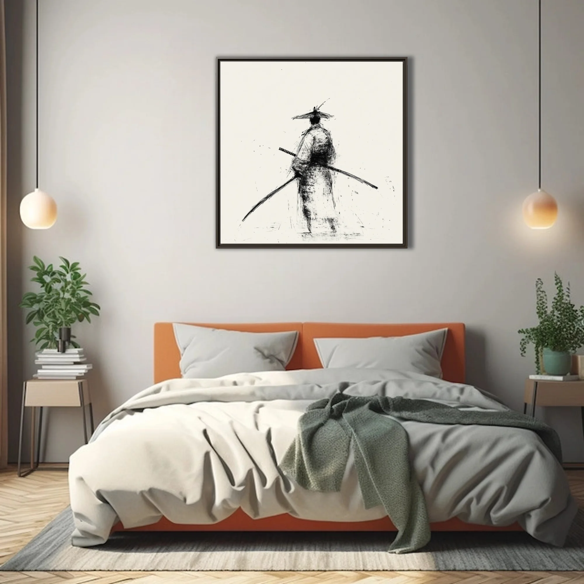 Minimalist ink-style samurai figure with katana, black scratchy strokes on ivory ground