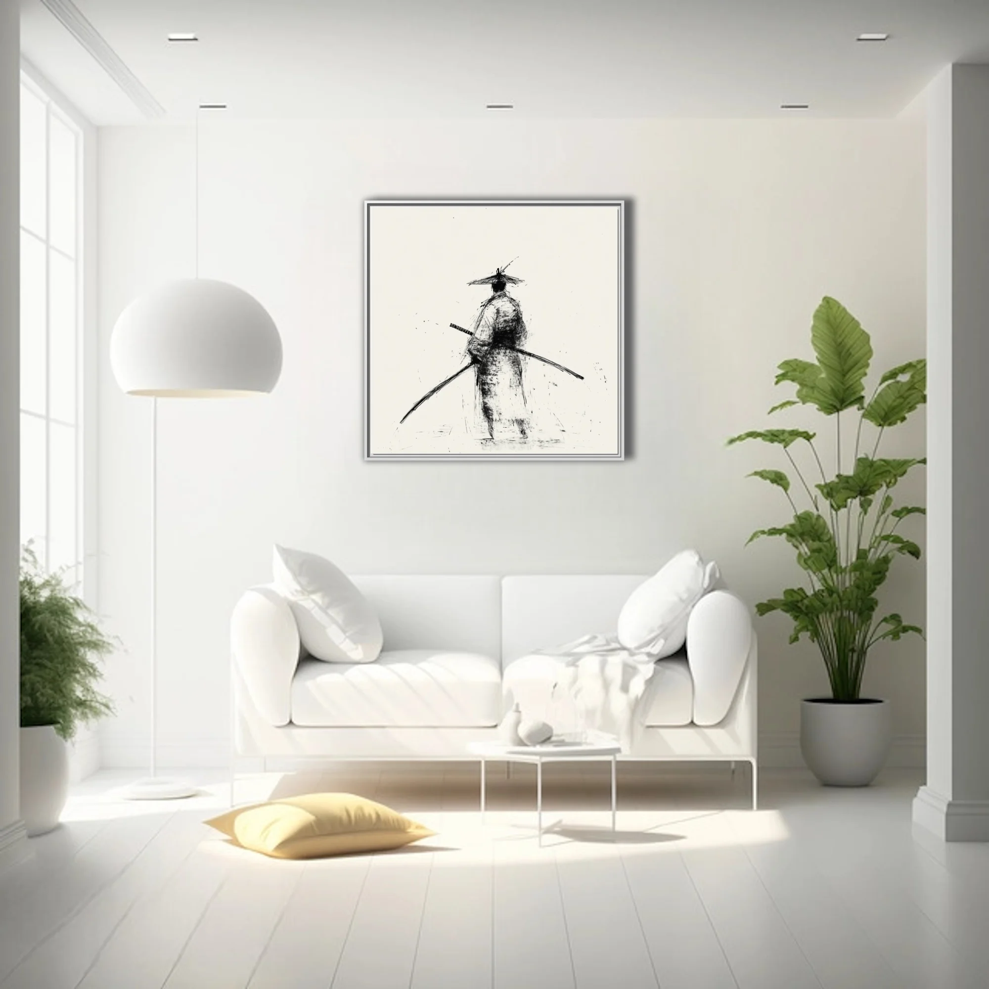 Minimalist ink-style samurai figure with katana, black scratchy strokes on ivory ground