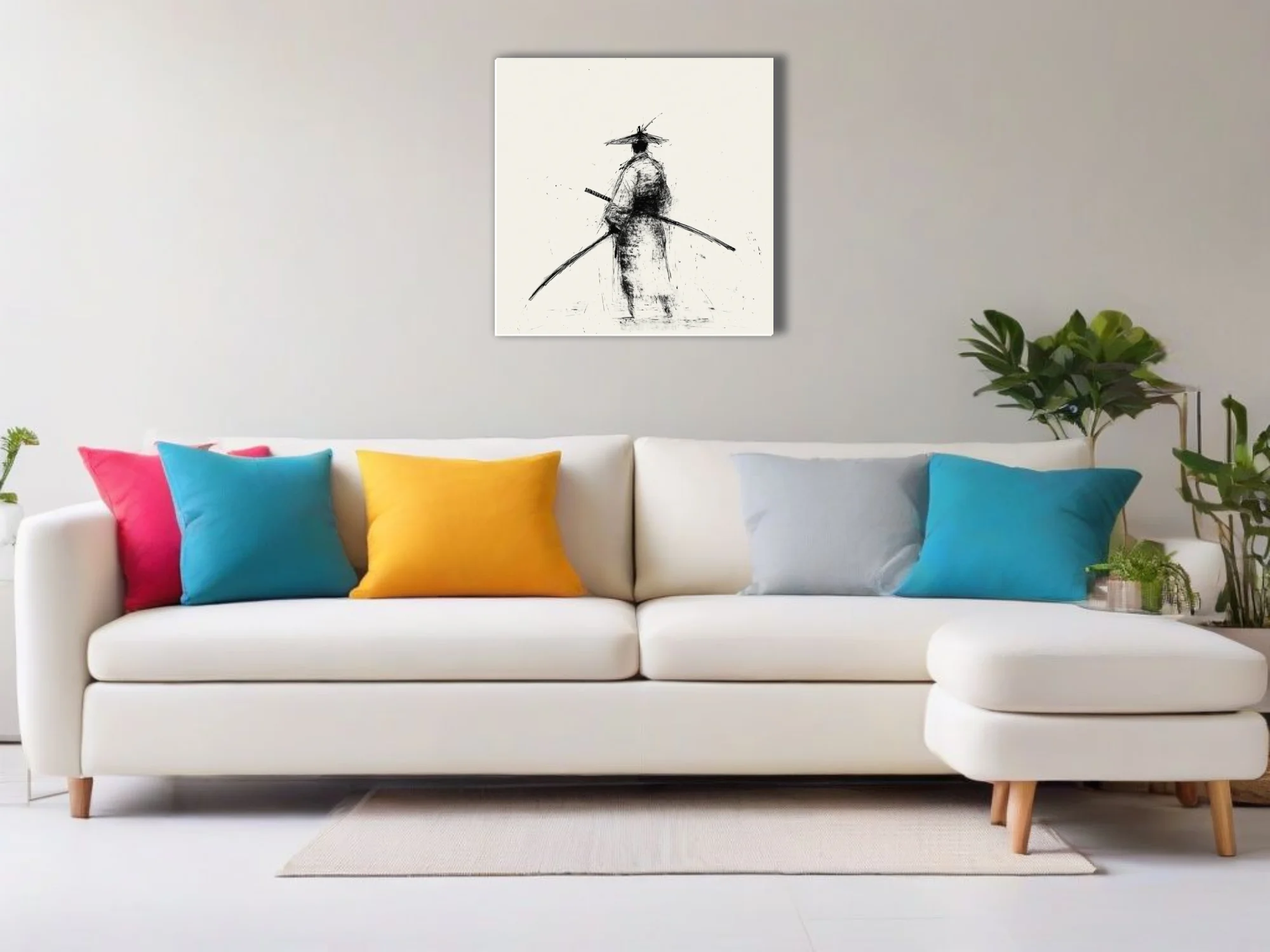 Minimalist ink-style samurai figure with katana, black scratchy strokes on ivory ground