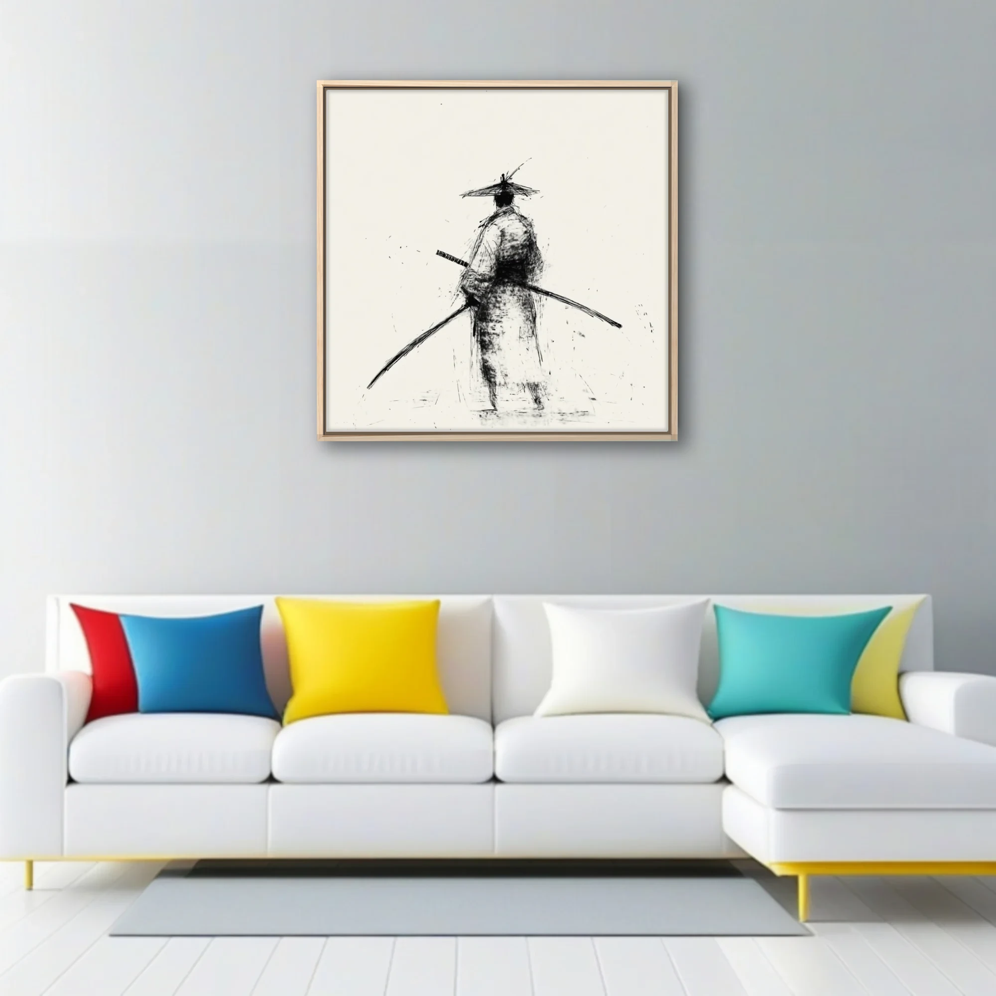 Minimalist ink-style samurai figure with katana, black scratchy strokes on ivory ground