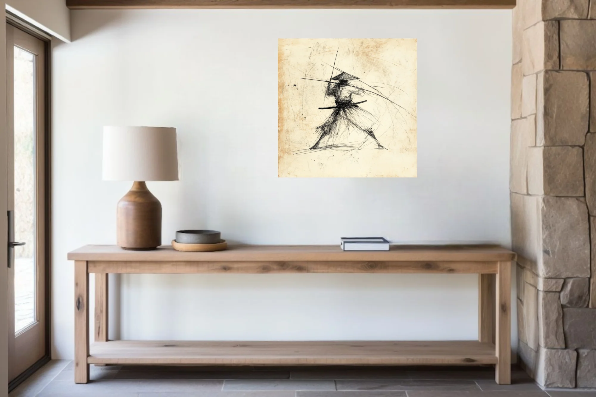 Gestural ink-style samurai warrior sketch on aged parchment, kinetic combat pose