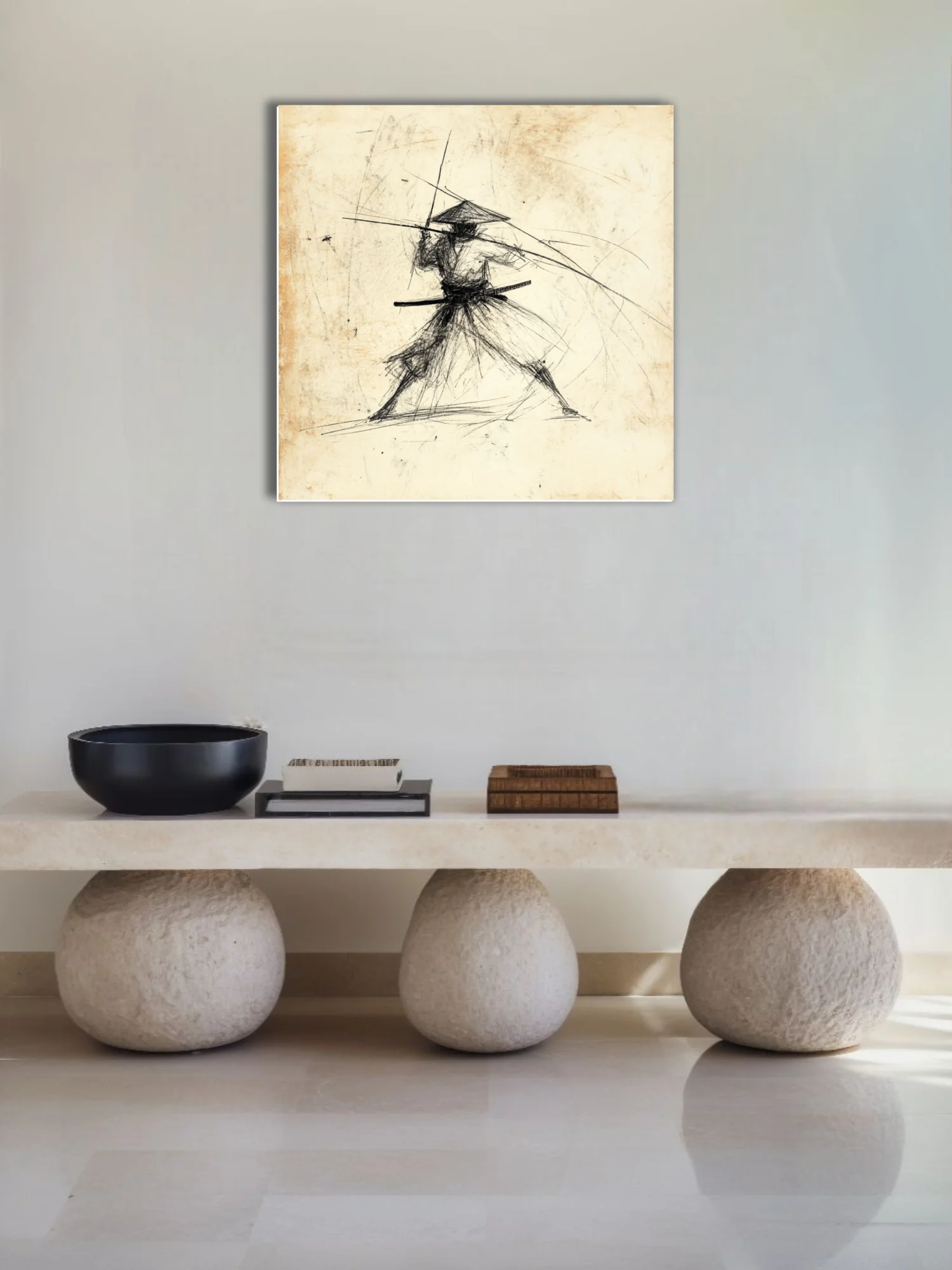 Gestural ink-style samurai warrior sketch on aged parchment, kinetic combat pose