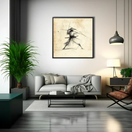 Gestural ink-style samurai warrior sketch on aged parchment, kinetic combat pose