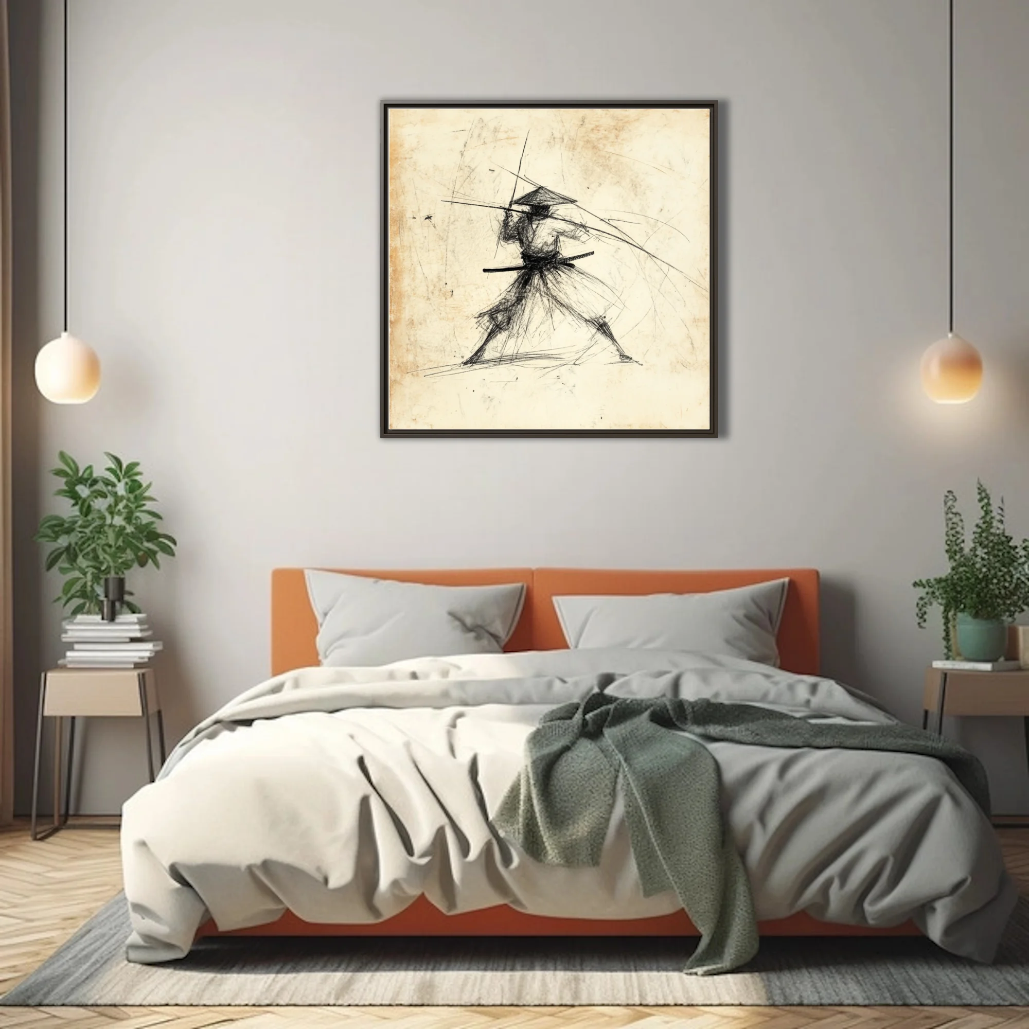 Gestural ink-style samurai warrior sketch on aged parchment, kinetic combat pose
