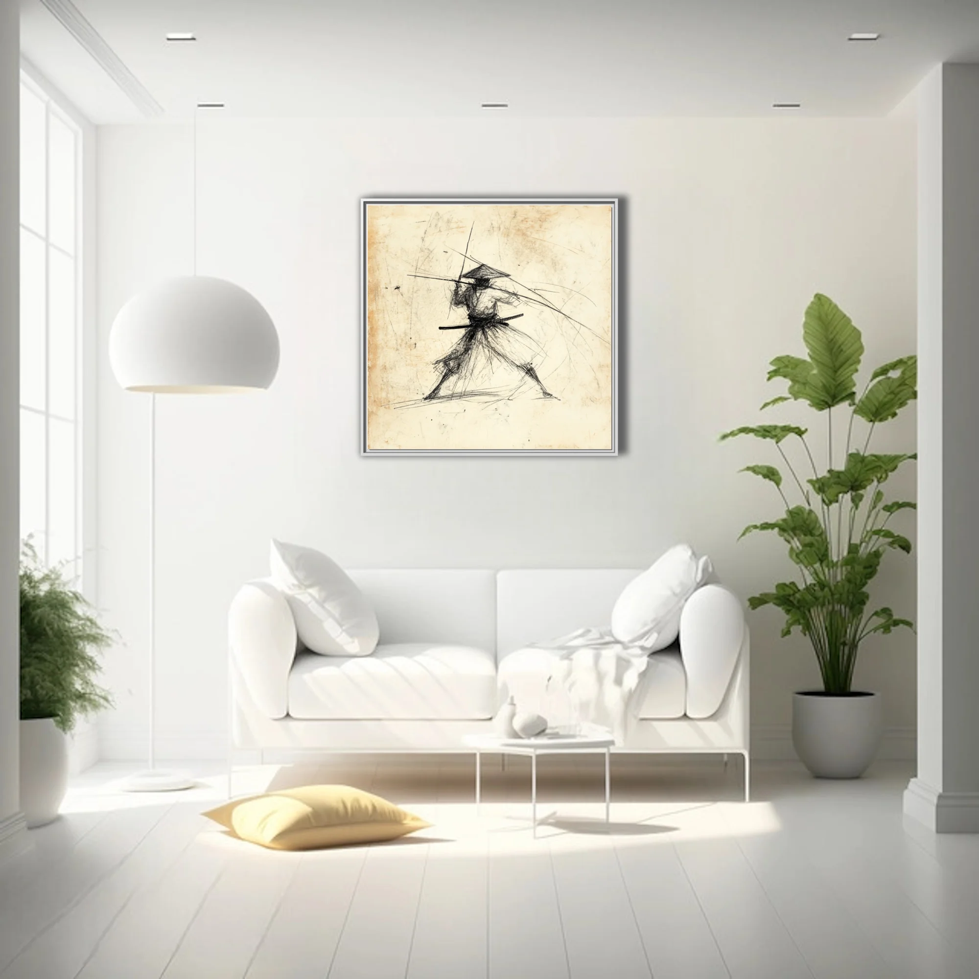 Gestural ink-style samurai warrior sketch on aged parchment, kinetic combat pose