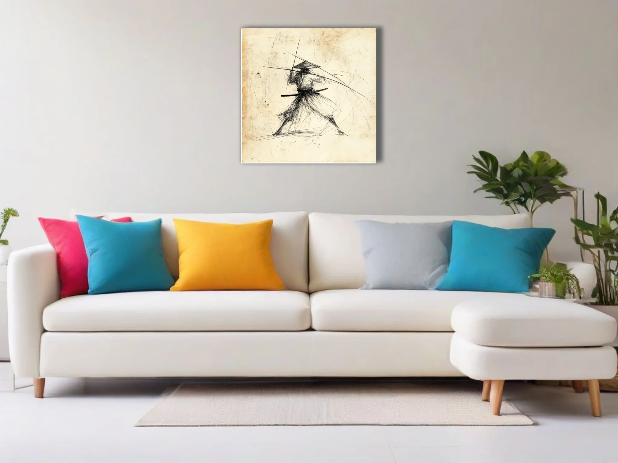 Gestural ink-style samurai warrior sketch on aged parchment, kinetic combat pose