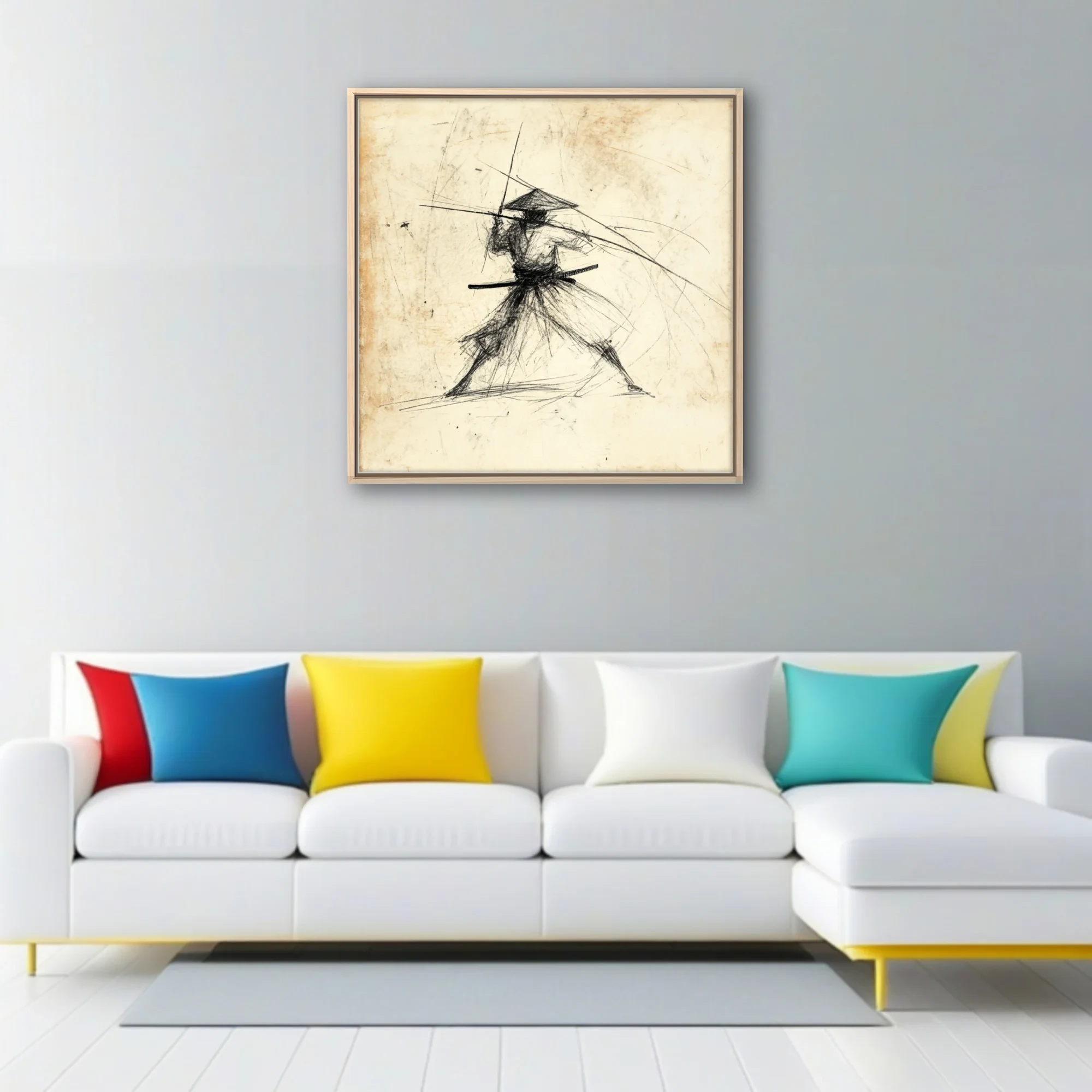 Gestural ink-style samurai warrior sketch on aged parchment, kinetic combat pose