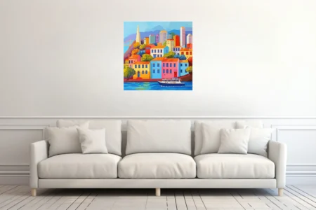 Brightly hued San Francisco cityscape with colorful buildings, bay ferry, and warm saturated palette
