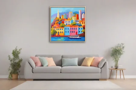 Brightly hued San Francisco cityscape with colorful buildings, bay ferry, and warm saturated palette