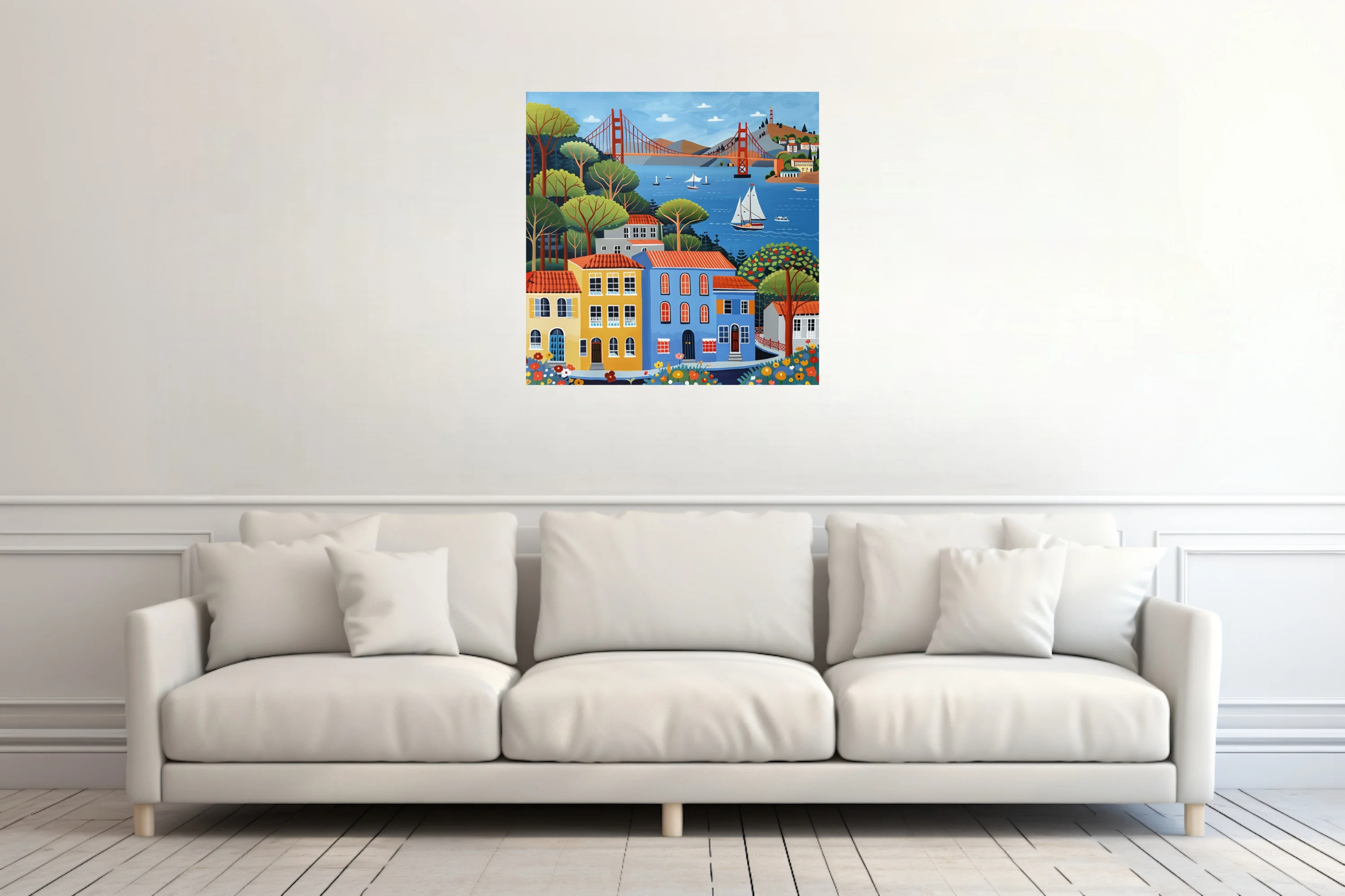 Folk-art style San Francisco Bay scene with colorful buildings, bridge, and sailboats