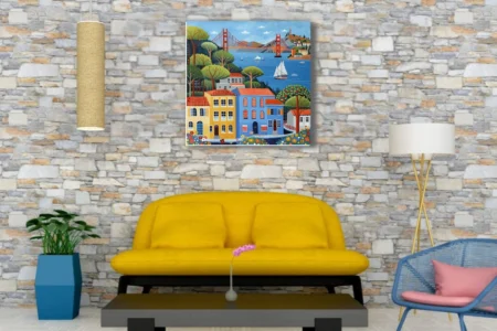 Folk-art style San Francisco Bay scene with colorful buildings, bridge, and sailboats
