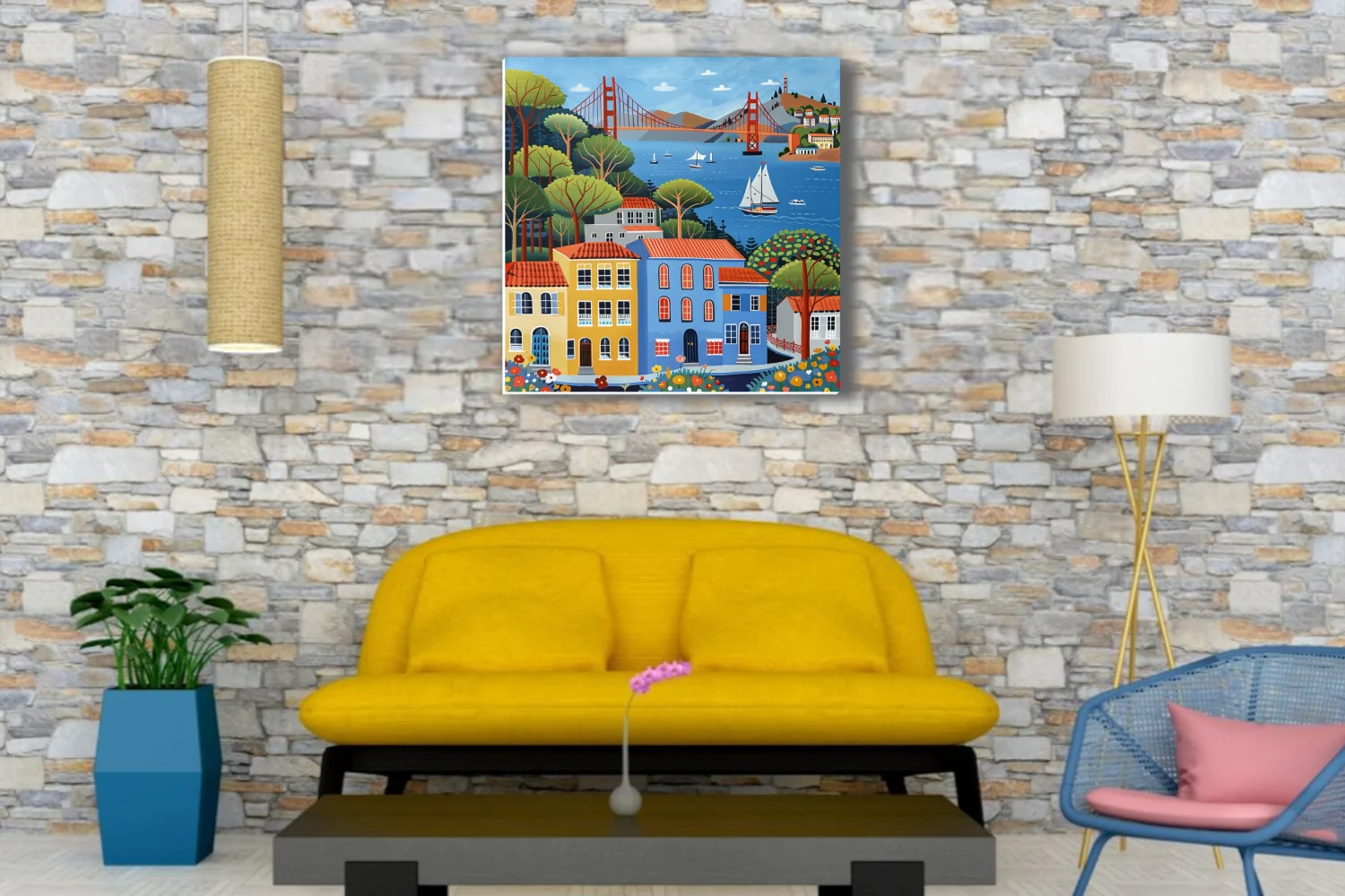 Folk-art style San Francisco Bay scene with colorful buildings, bridge, and sailboats