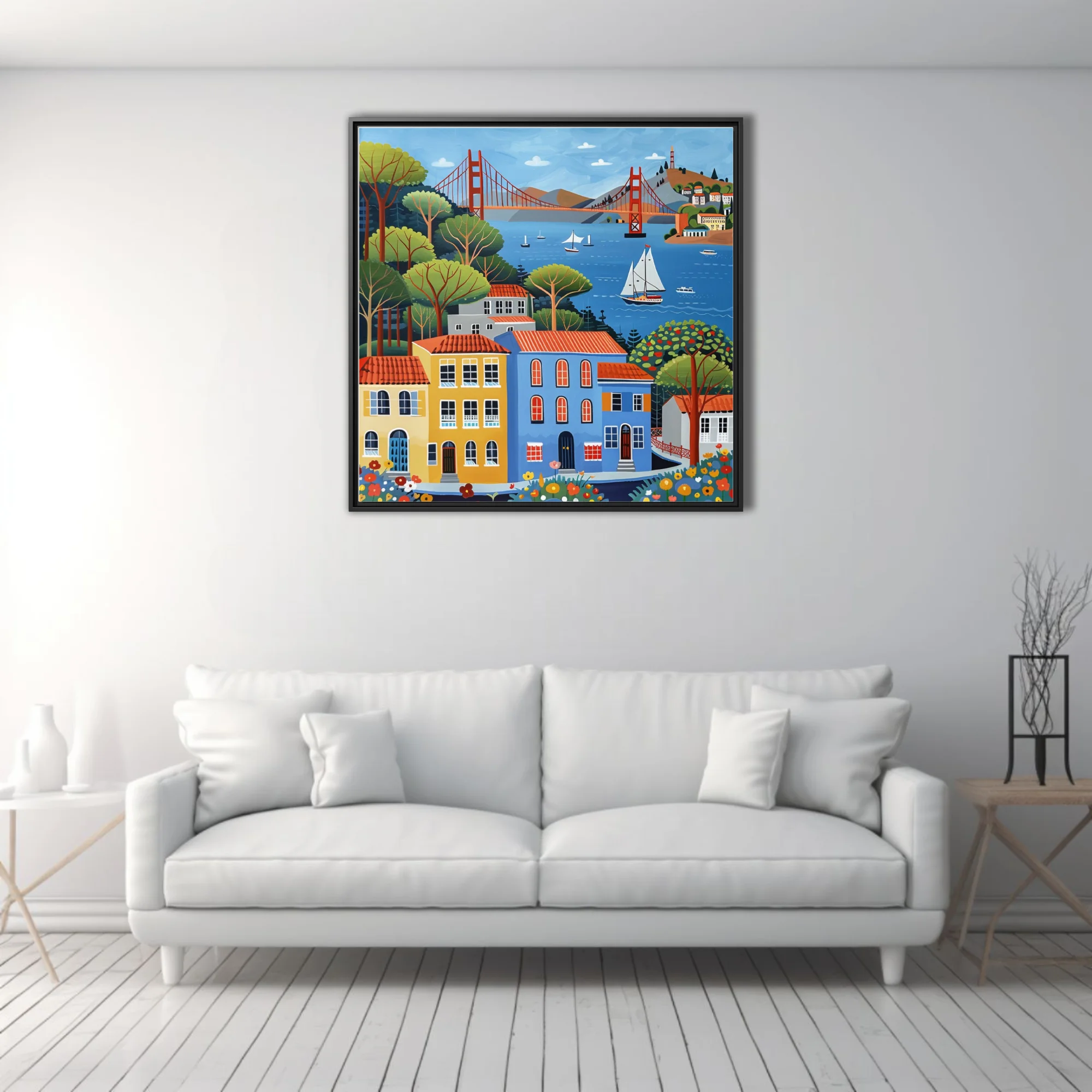 Folk-art style San Francisco Bay scene with colorful buildings, bridge, and sailboats