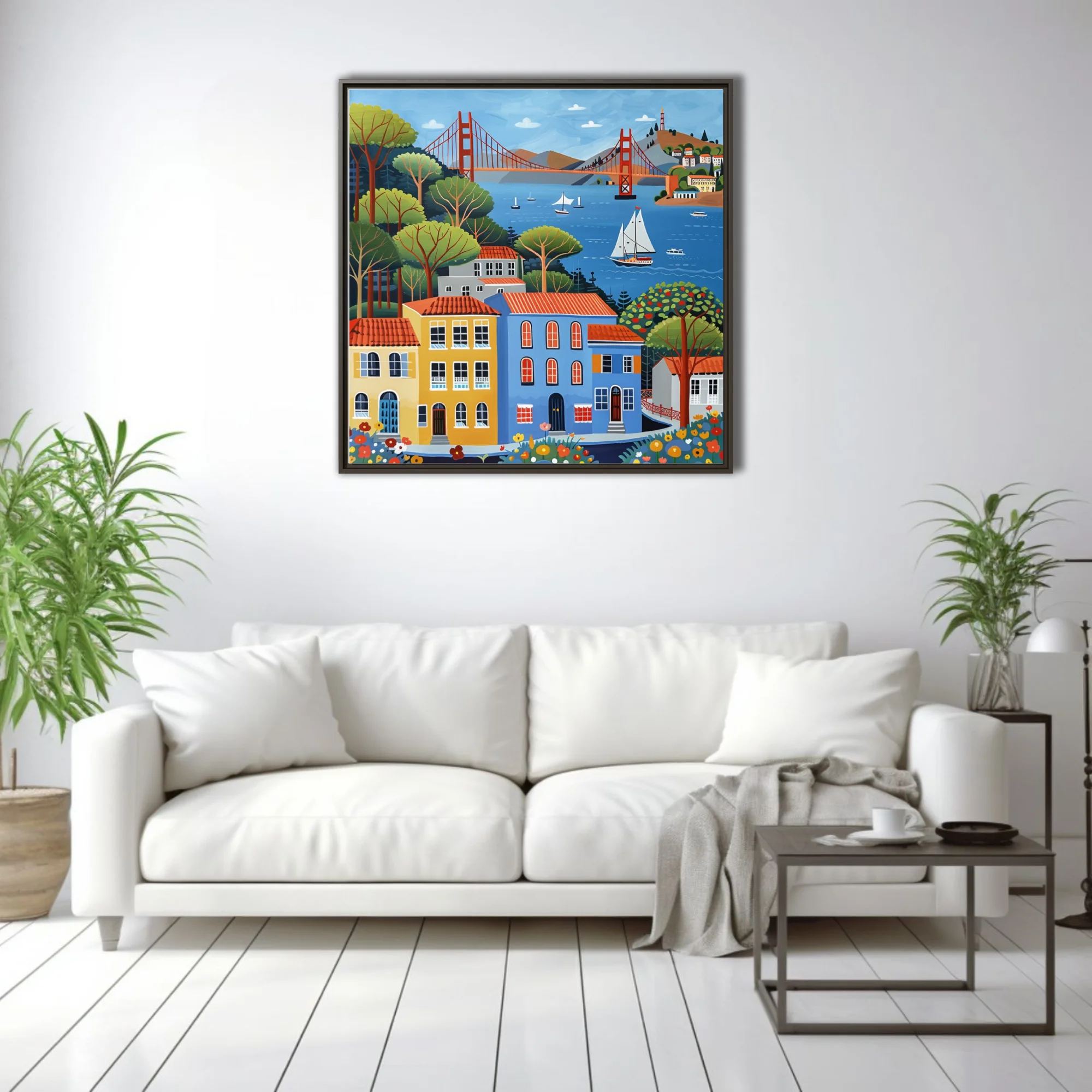Folk-art style San Francisco Bay scene with colorful buildings, bridge, and sailboats