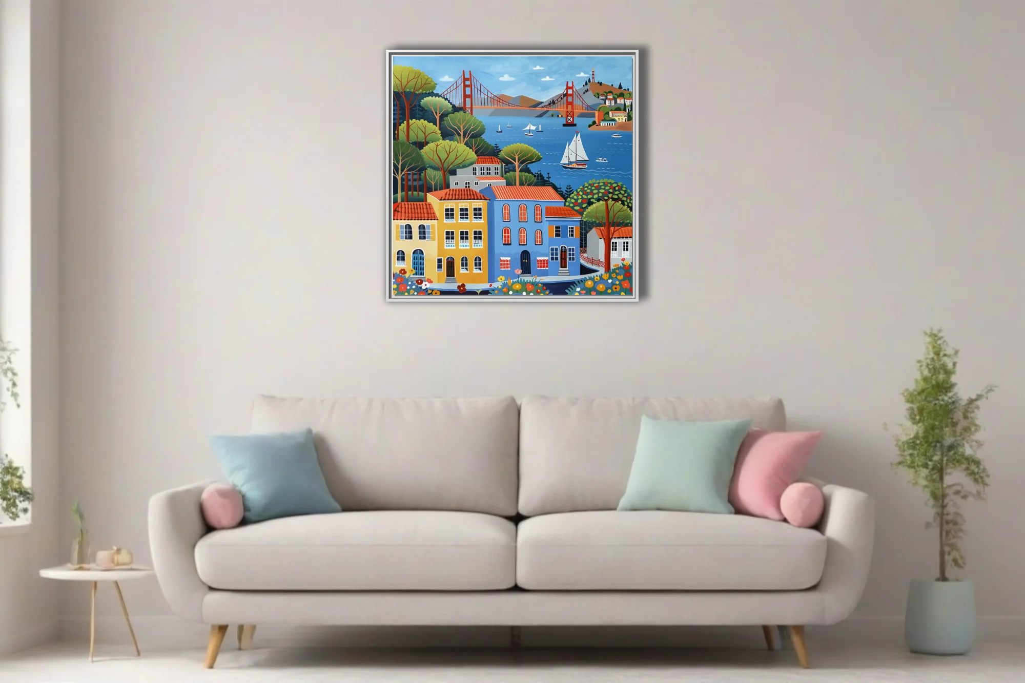 Folk-art style San Francisco Bay scene with colorful buildings, bridge, and sailboats