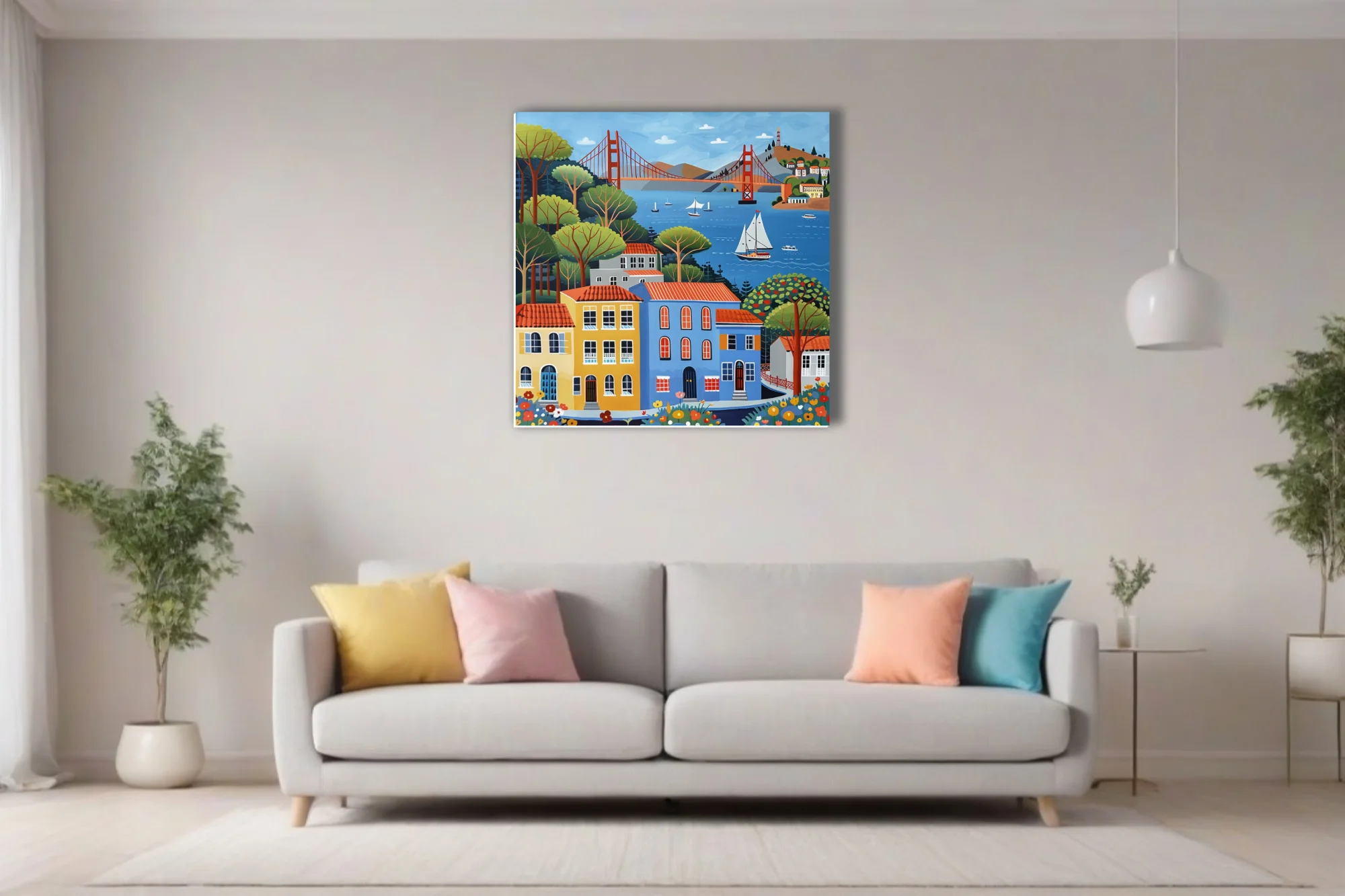 Folk-art style San Francisco Bay scene with colorful buildings, bridge, and sailboats