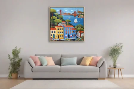 Folk-art style San Francisco Bay scene with colorful buildings, bridge, and sailboats