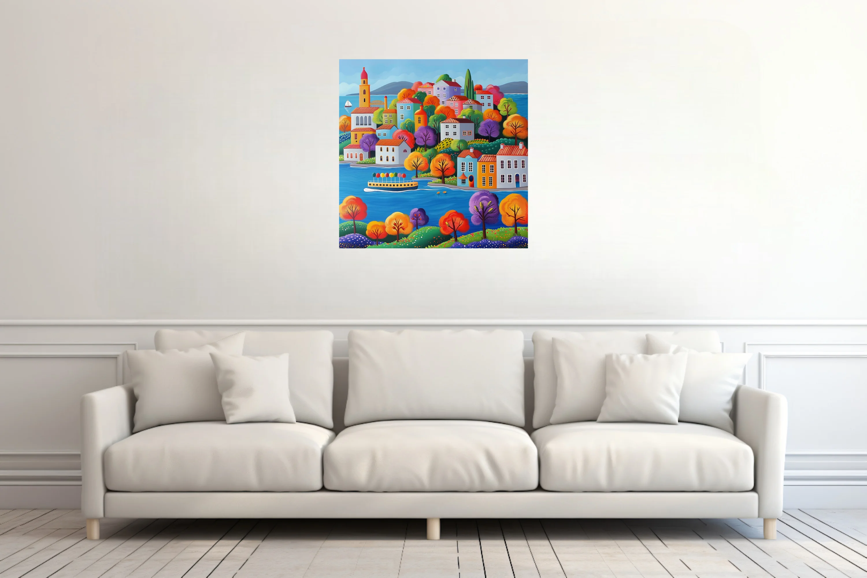 Naïve folk-art coastal village scene with vivid autumn trees and bright buildings