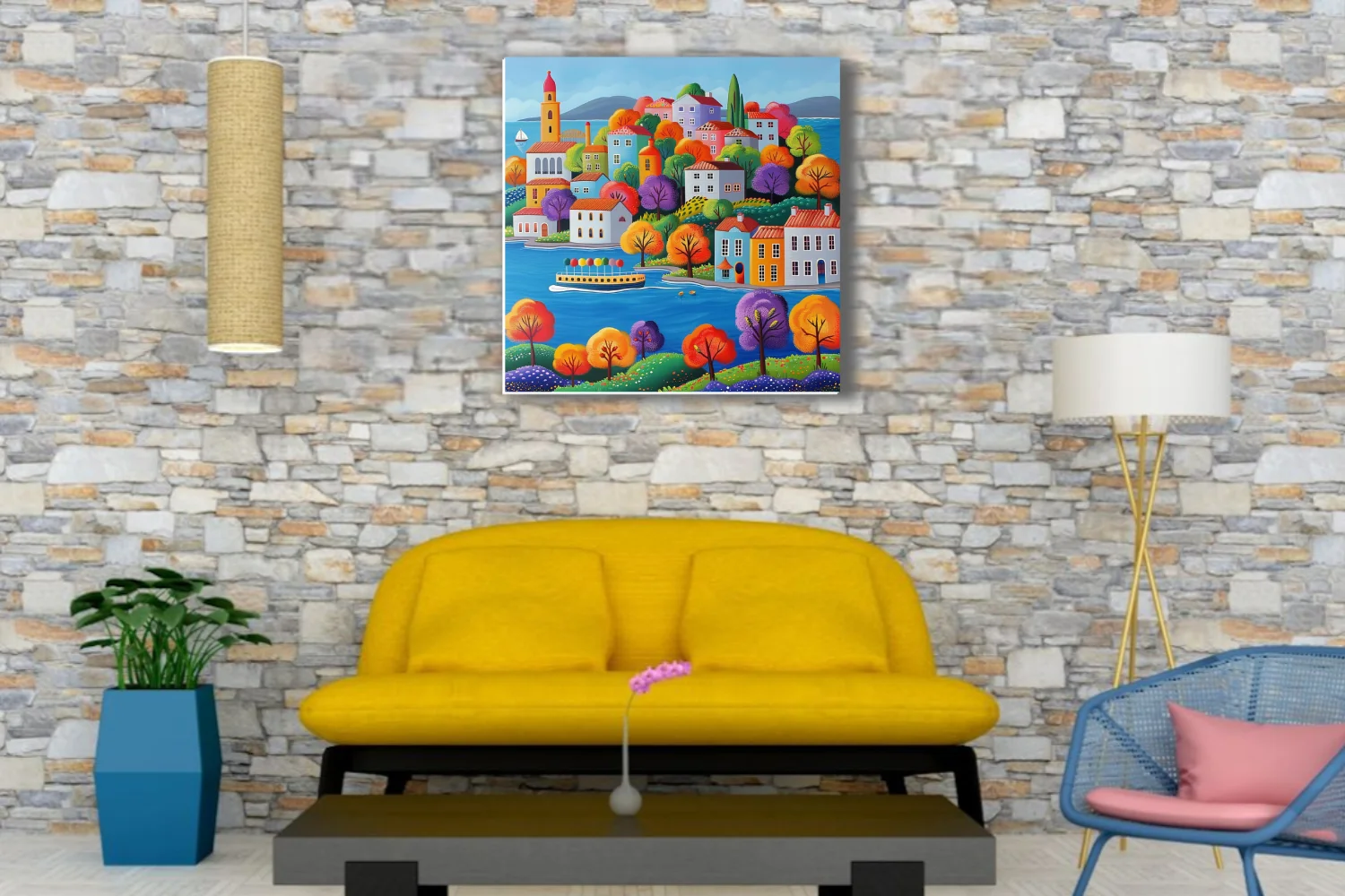 Naïve folk-art coastal village scene with vivid autumn trees and bright buildings