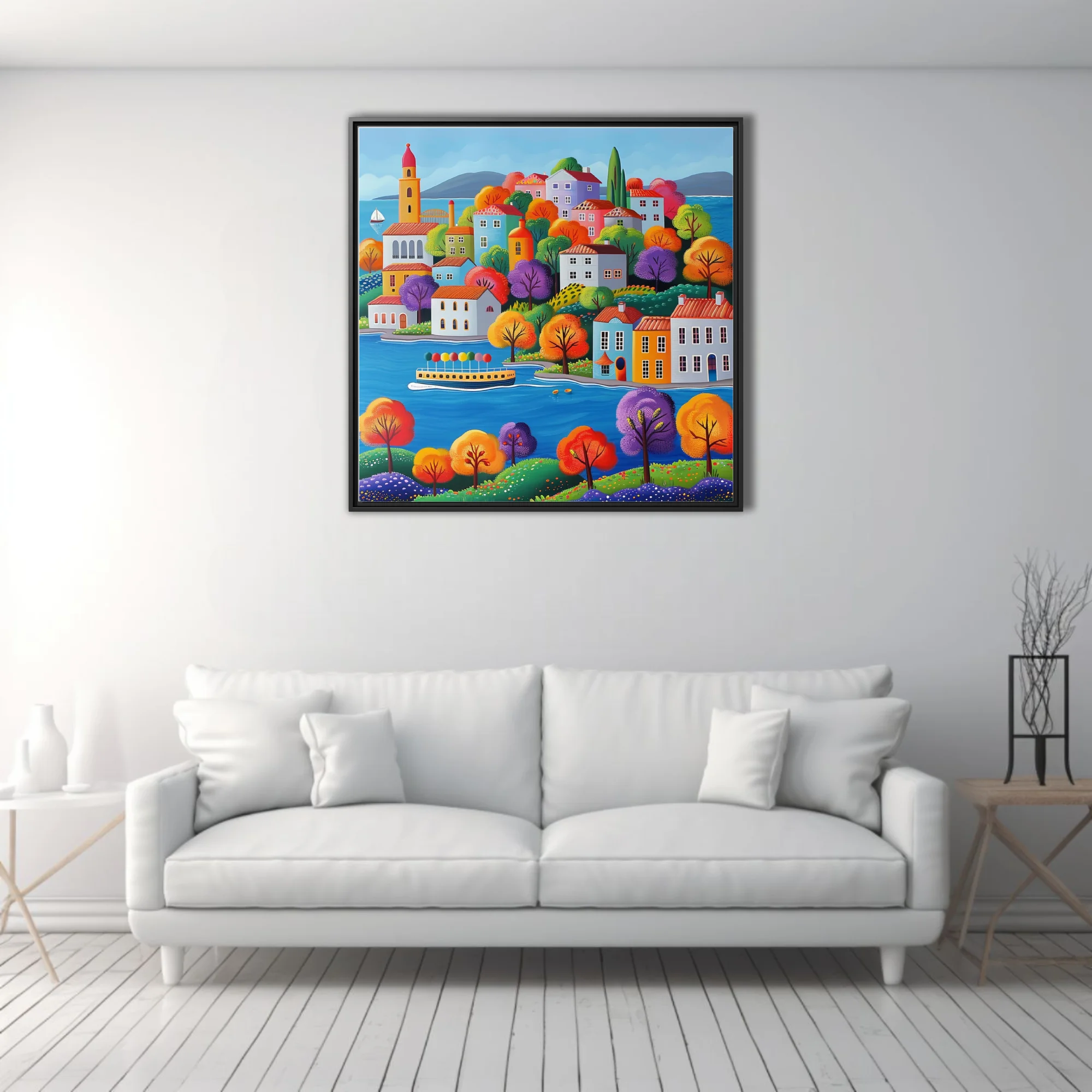 Naïve folk-art coastal village scene with vivid autumn trees and bright buildings
