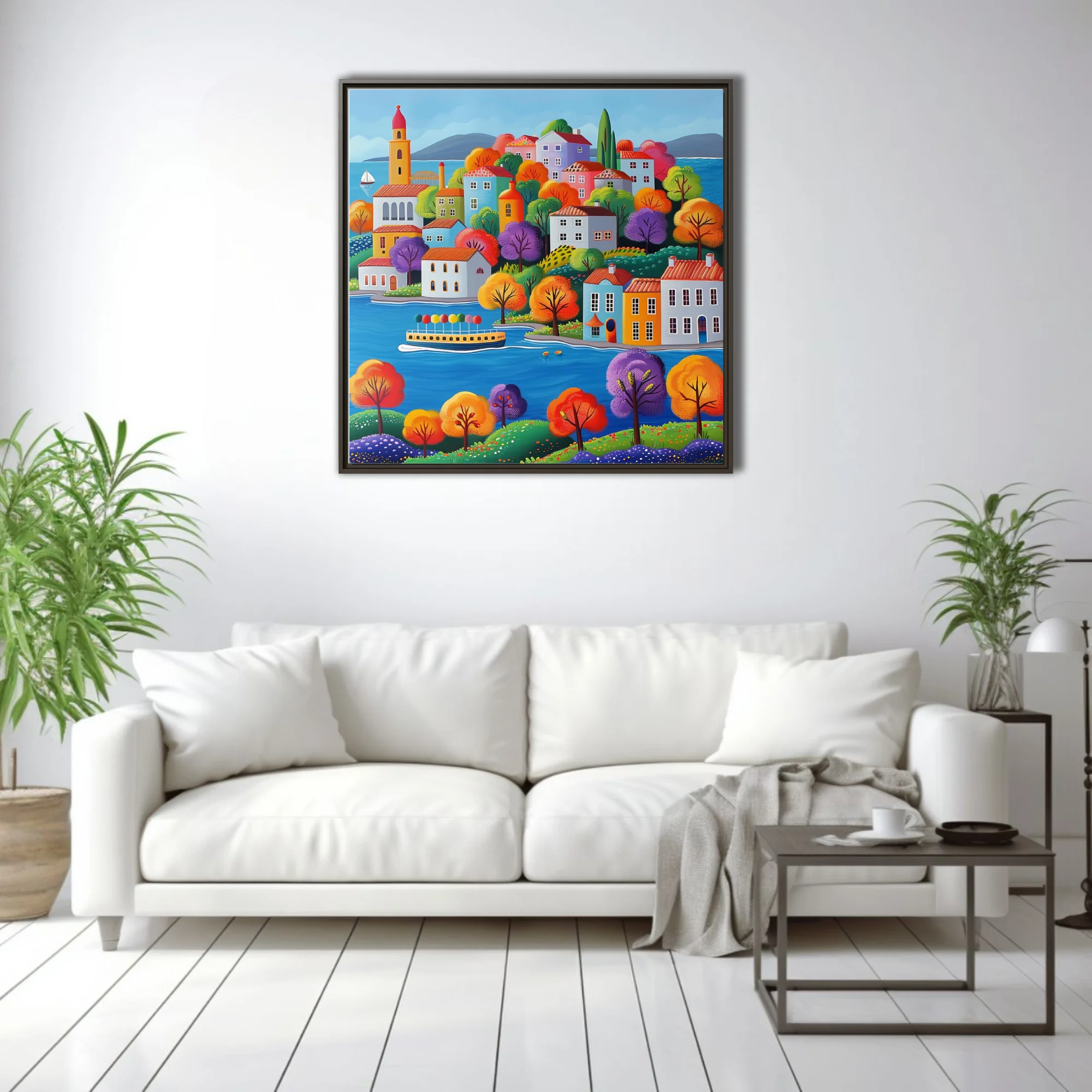 Naïve folk-art coastal village scene with vivid autumn trees and bright buildings