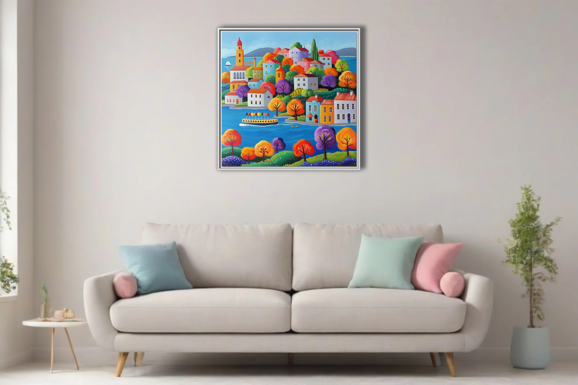 Naïve folk-art coastal village scene with vivid autumn trees and bright buildings