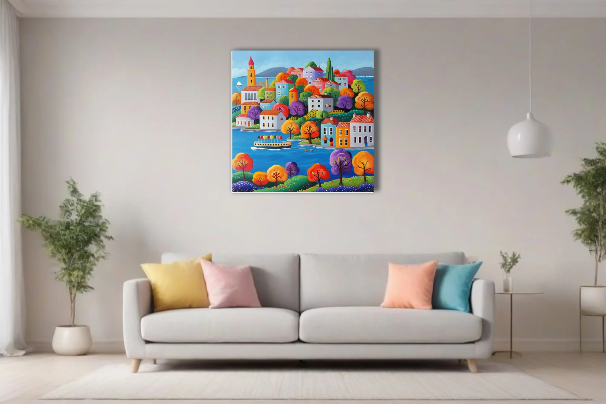 Naïve folk-art coastal village scene with vivid autumn trees and bright buildings