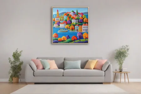 Naïve folk-art coastal village scene with vivid autumn trees and bright buildings